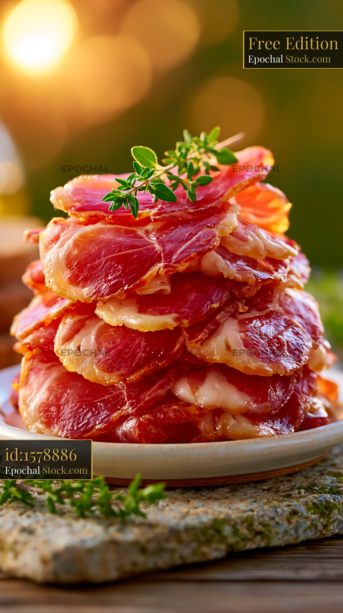 Sliced jambon de bayonne meat with fresh thyme in golden sunlight - stock photo