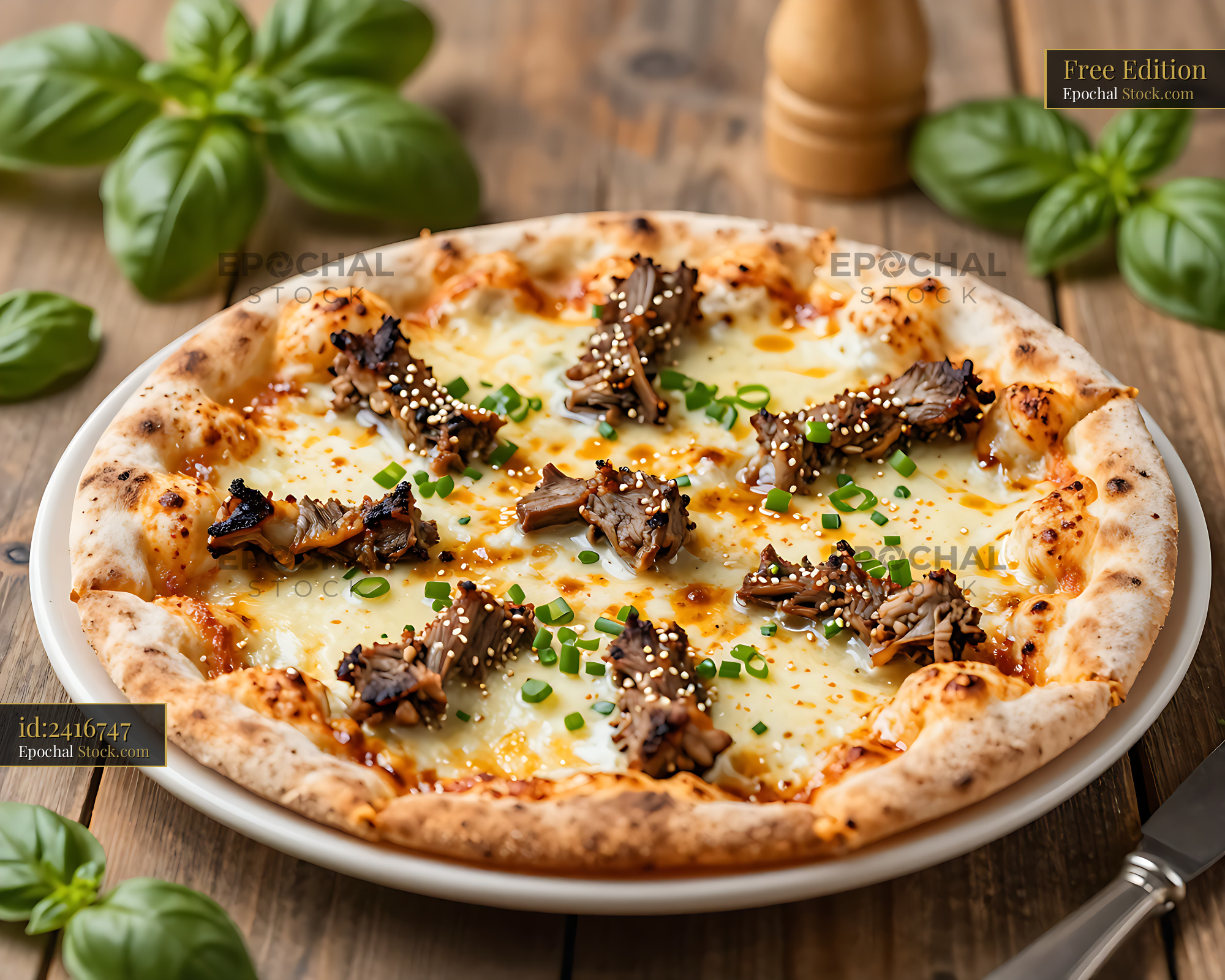 Gourmet Mongolian BBQ lamb pizza with sesame seeds and spring onions - stock photo