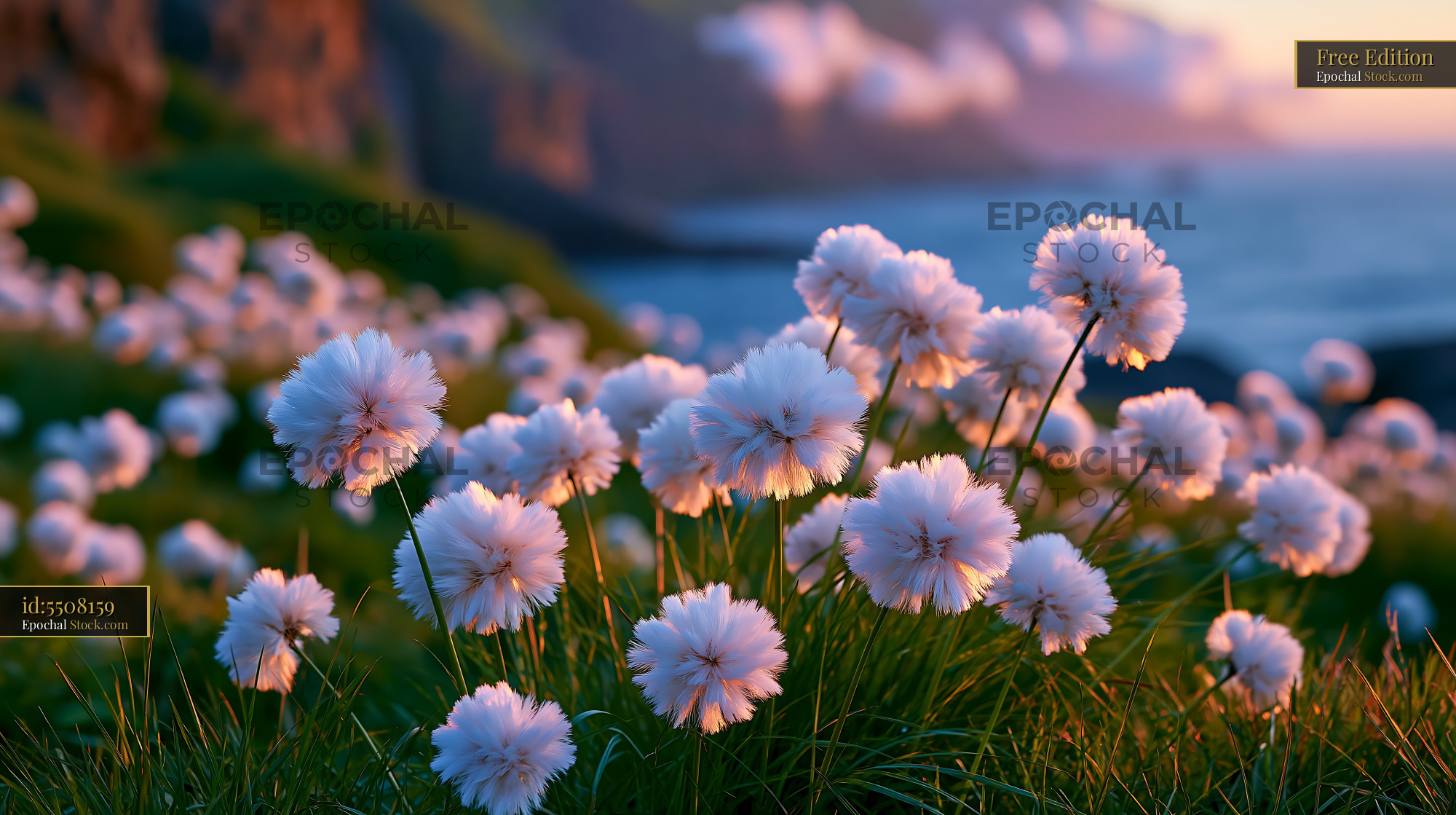 Shetland sea aster blooming on coastal cliffs at sunset - stock photo