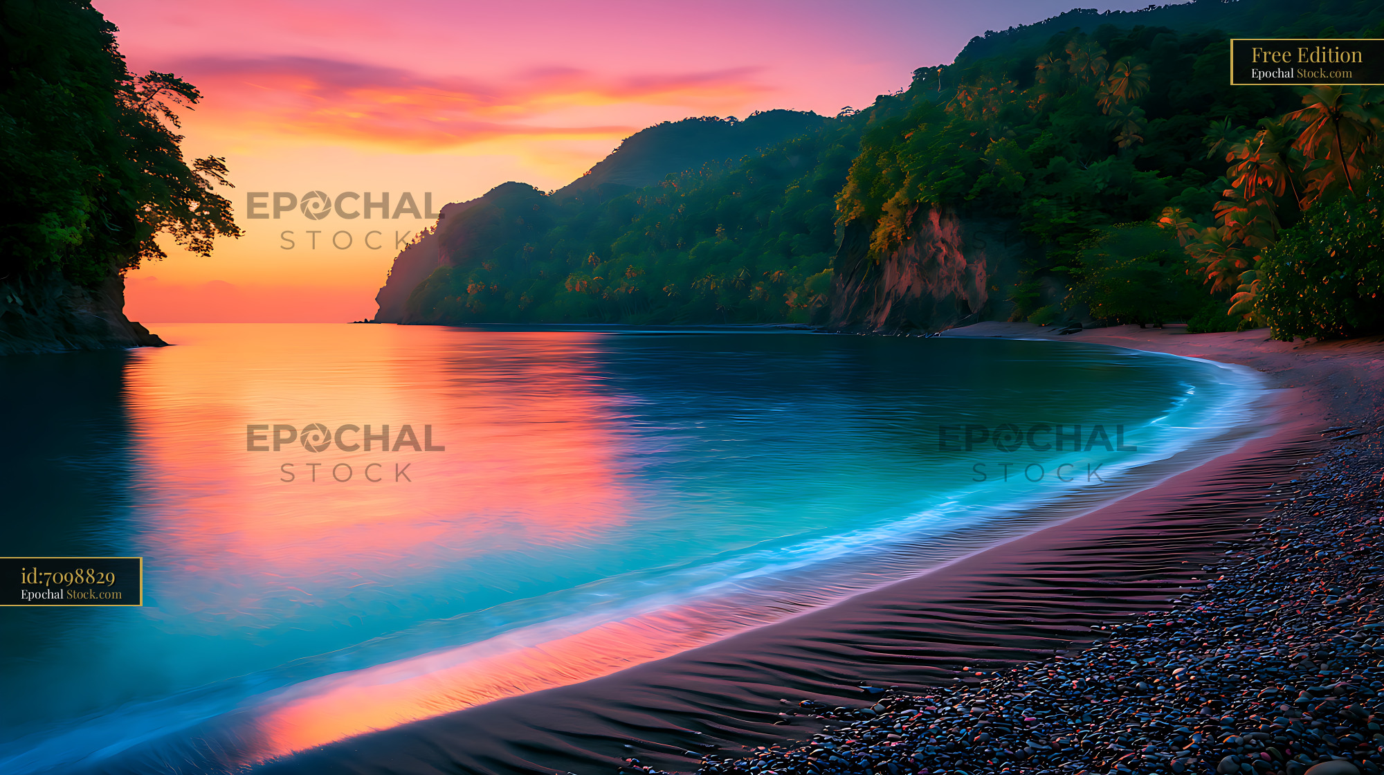 Tropical sunset at Anse Chastanet beach with black volcanic pebbles - stock photo
