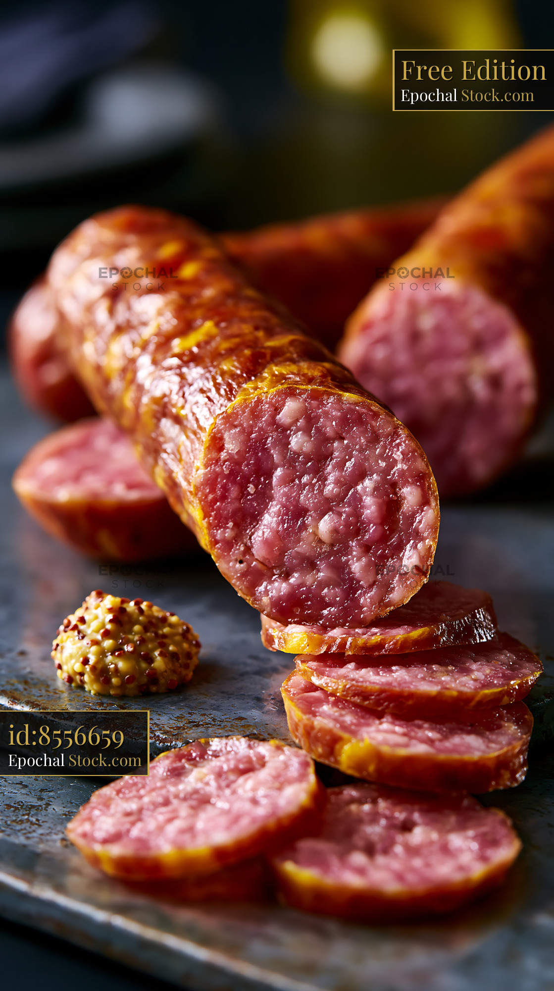 Artisanal saucisse de montbeliard meat sliced on a dark rustic plate - stock photo