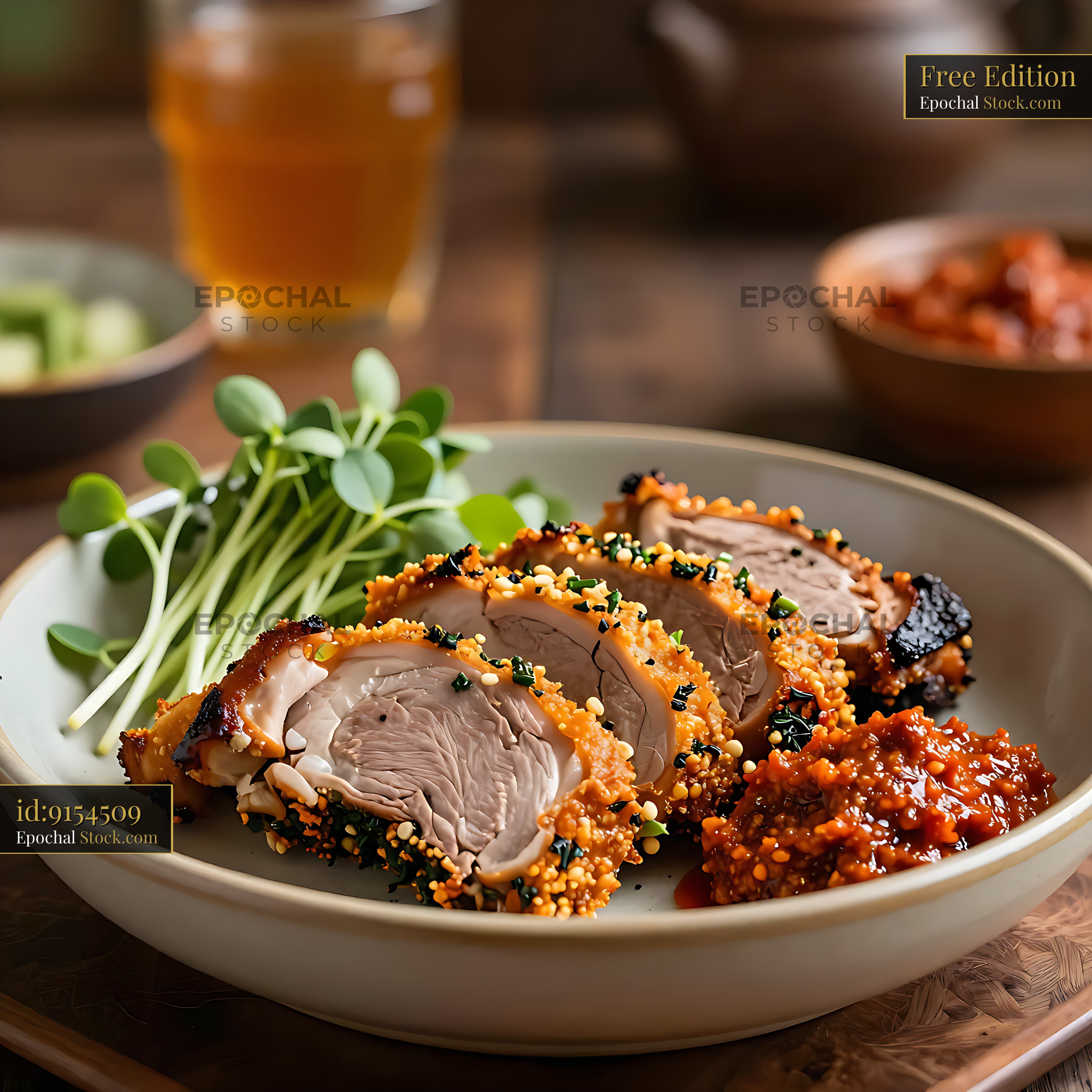 Traditional Bali babi guling sliced roasted suckling pig with sambal - stock photo