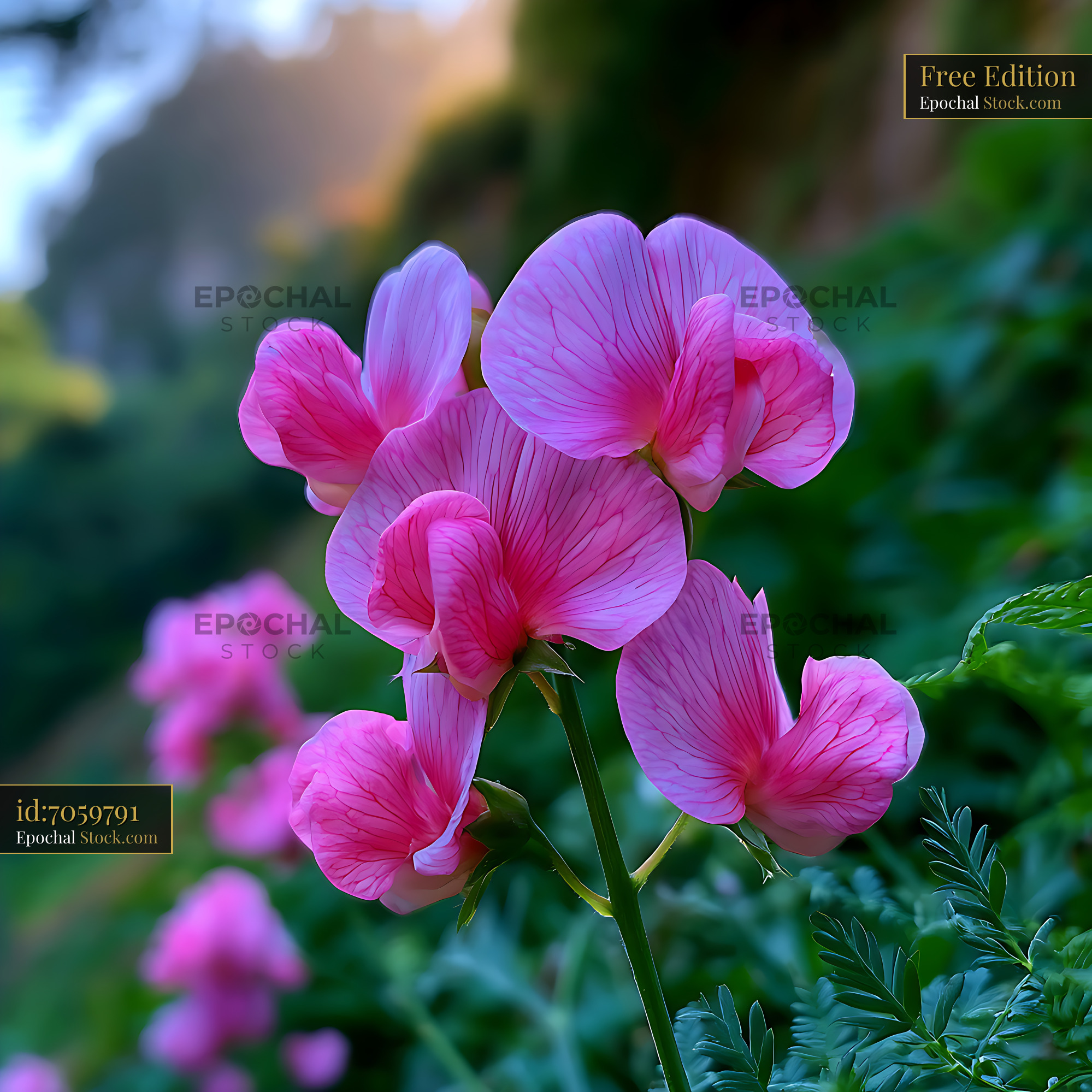 Alpine sweet pea wild slope with vibrant pink flowers in nature - stock photo