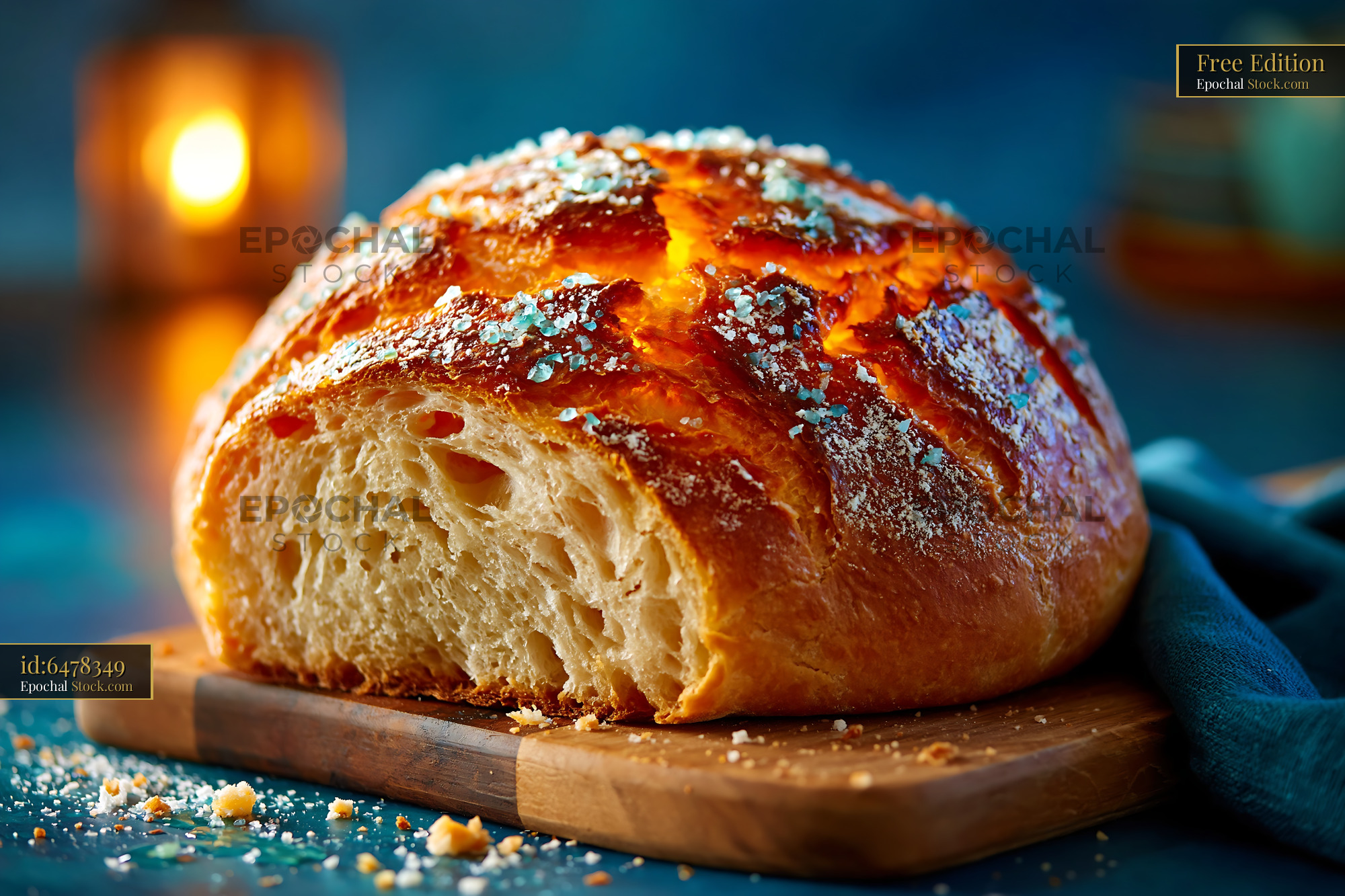 Salt rising German bread with blue sea salt on a wooden board - stock photo