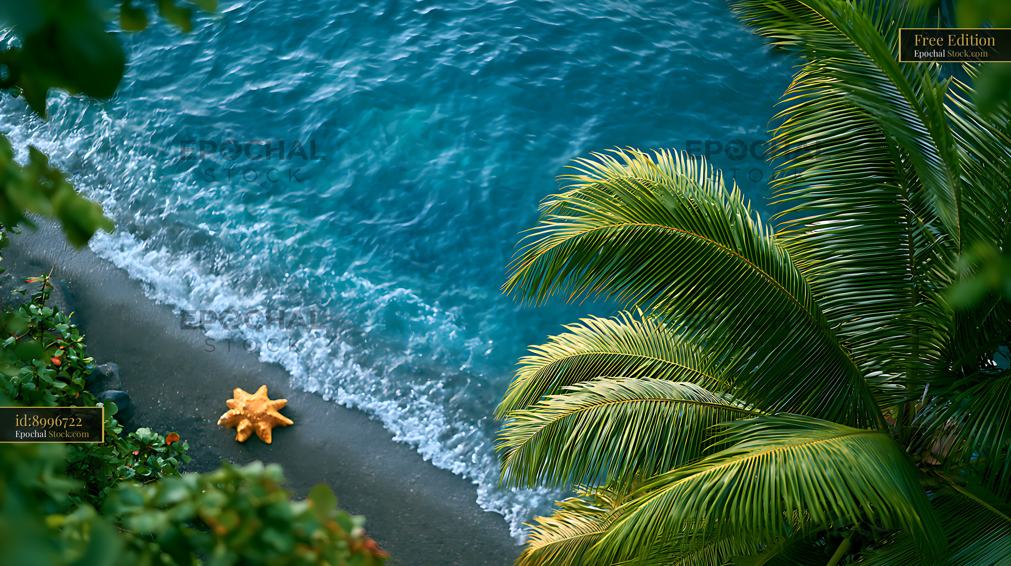Starfish on a dark volcanic ash shore with turquoise ocean waves - stock photo