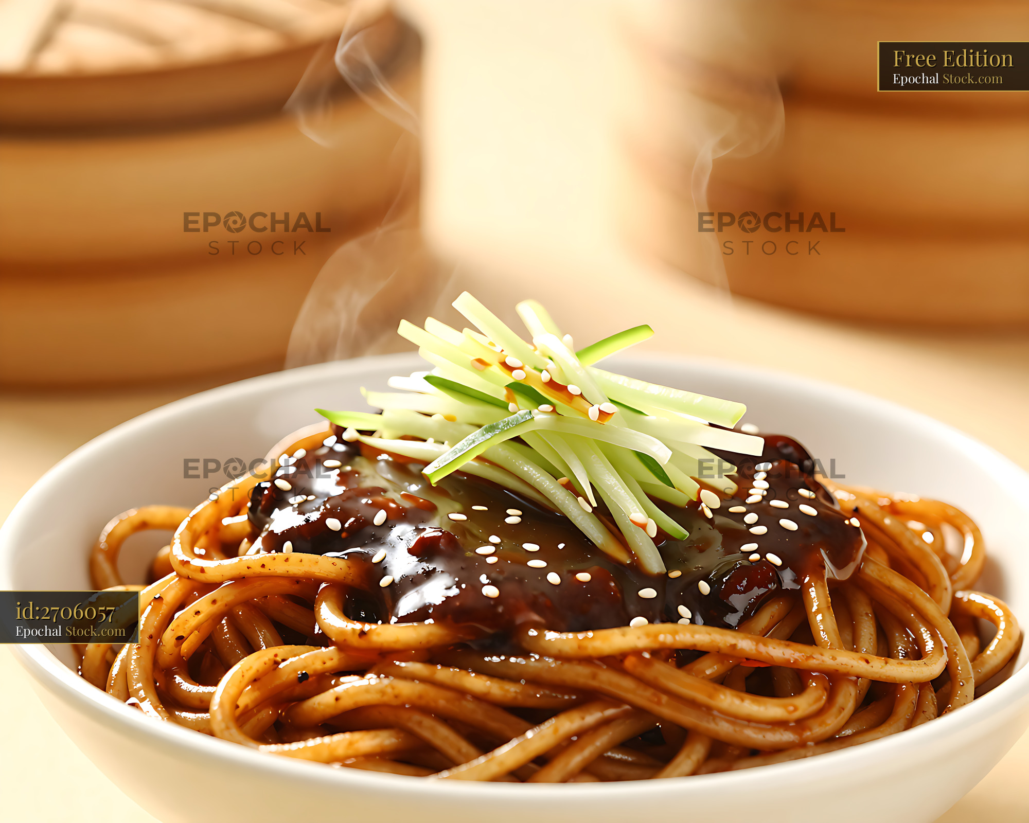 Steaming bowl of Lao Beijing Zha Jiang Mian with fresh cucumber - stock photo