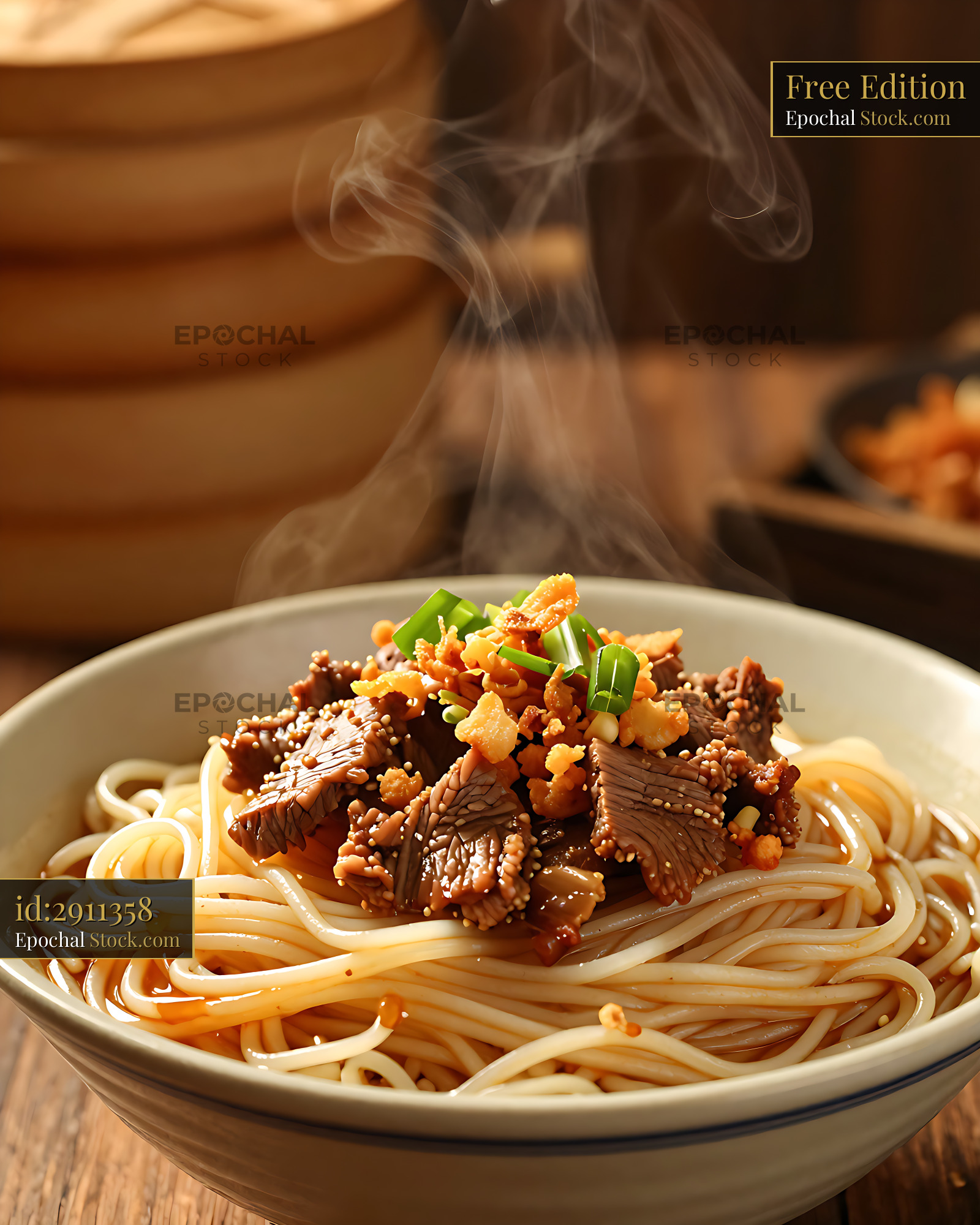 Steaming bowl of Chao Zhou Sha Cha Niu Rou Mian beef noodles - stock photo