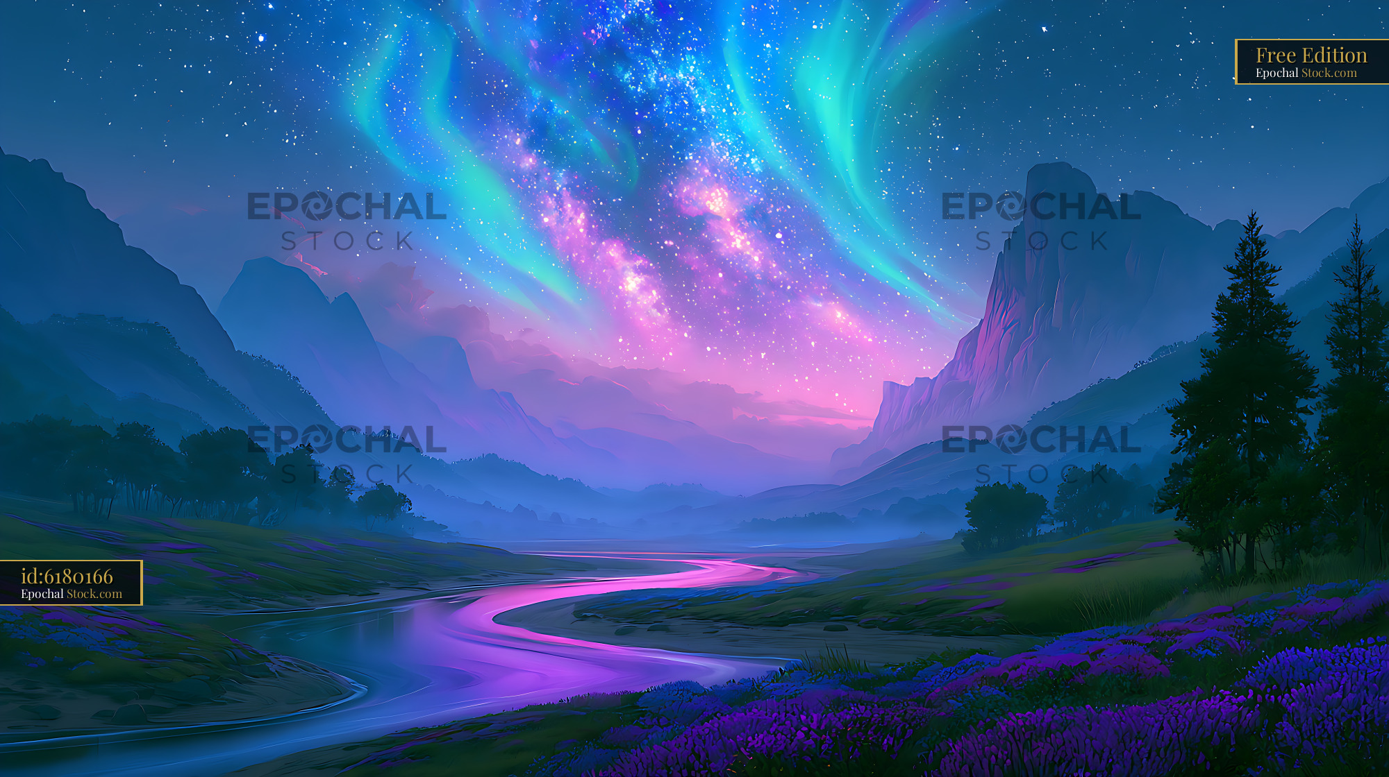 Galactic core and aurora over a winding highland river at night - stock photo
