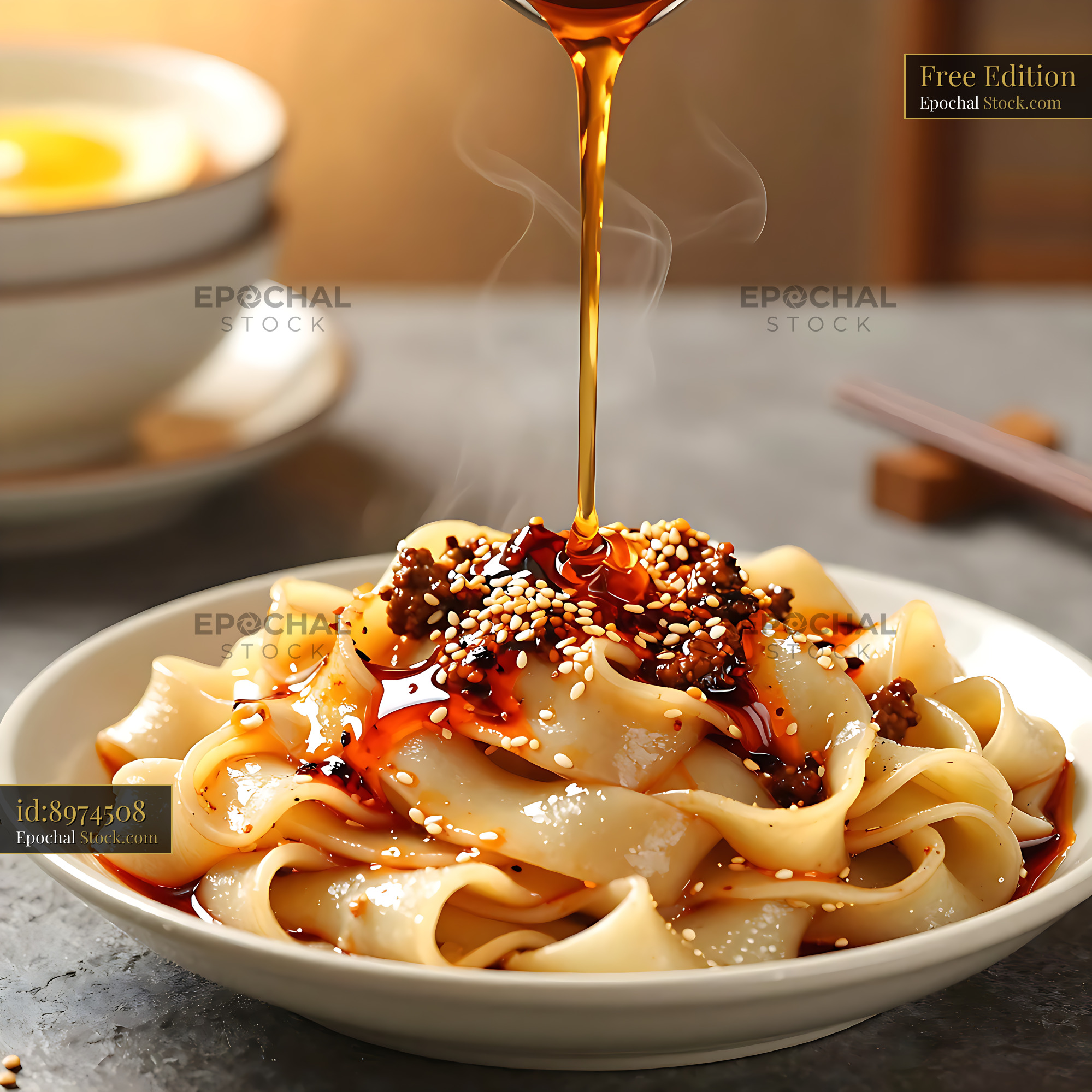 Hand-pulled Biang Biang Mian noodles with chili oil and sesame seeds - stock photo