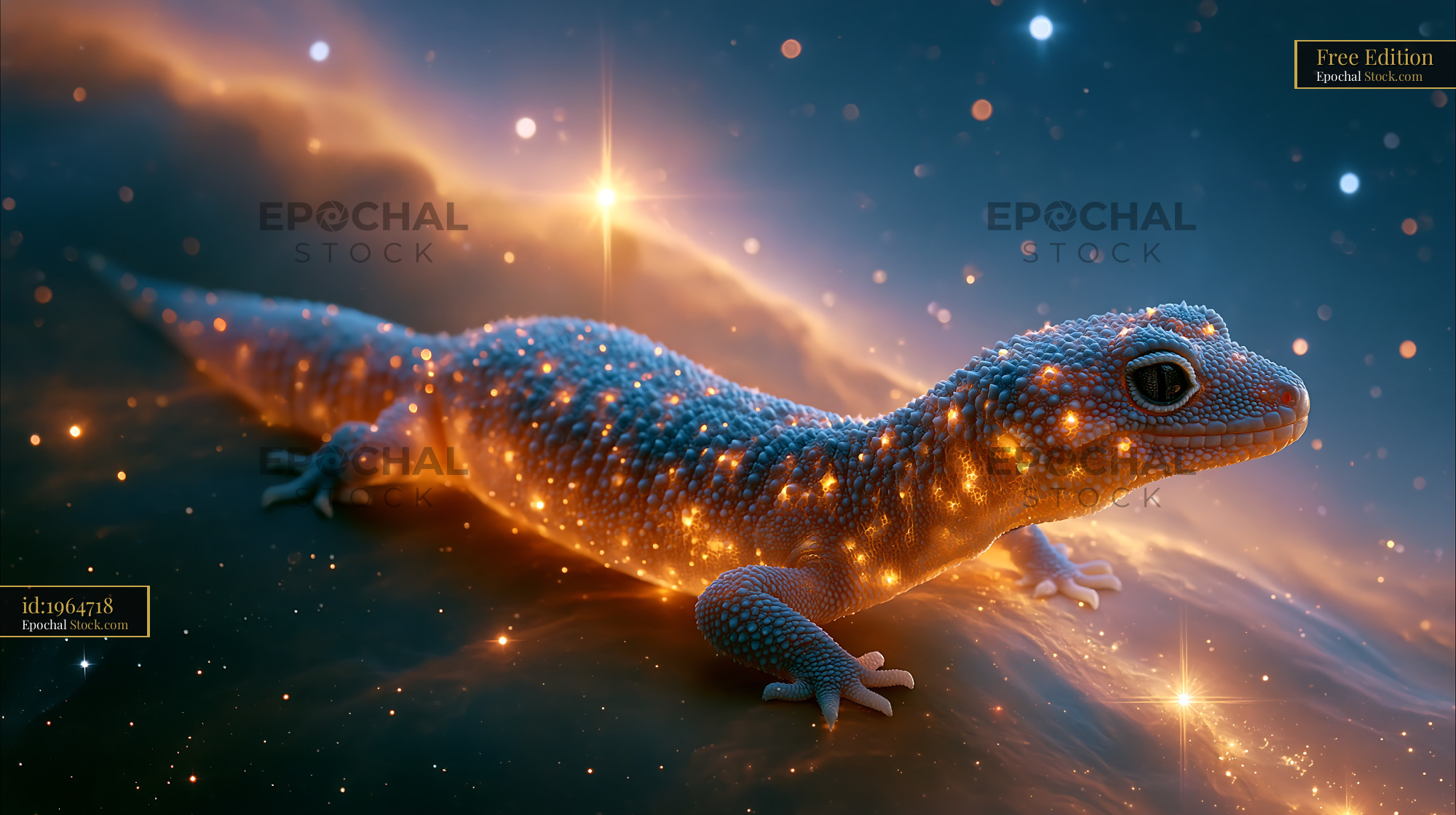 Glowing gecko crawling through a cosmic nebula with bright stars - stock photo