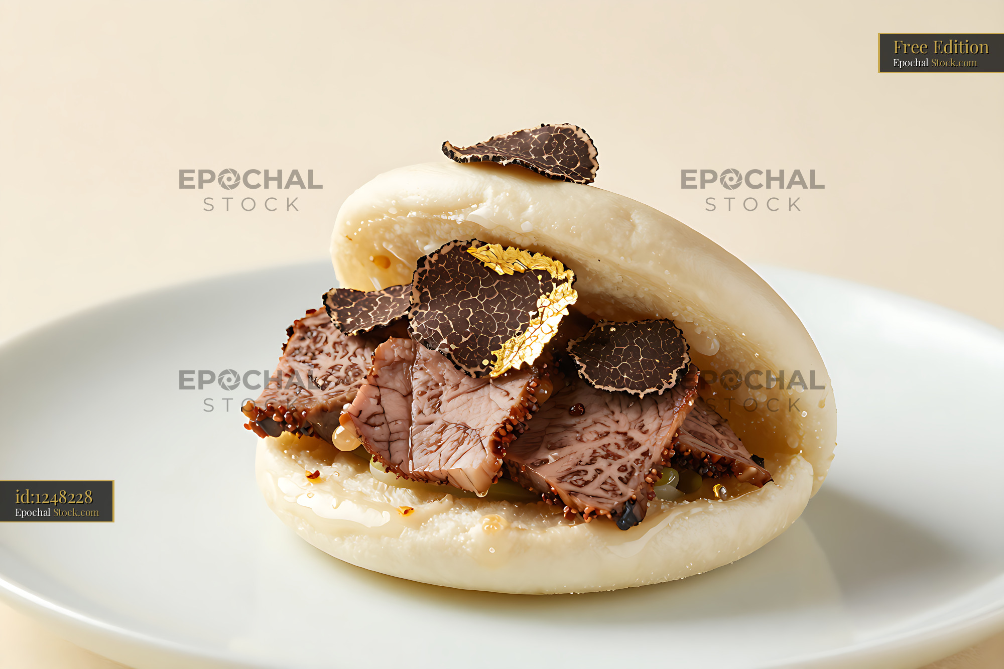 Steamed truffle beef gua bao with gold leaf and black truffle shavings - stock photo
