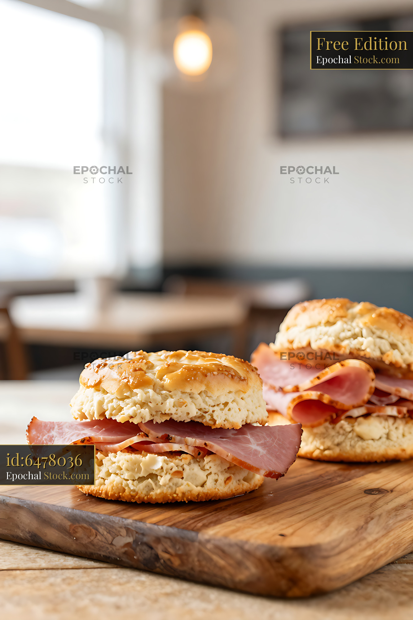 Freshly baked smithfield ham biscuits on a wooden serving board - stock photo