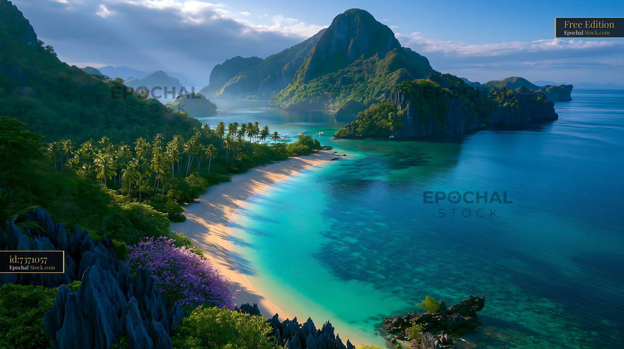 Aerial view of Bacuit Bay with turquoise water and limestone cliffs - stock photo