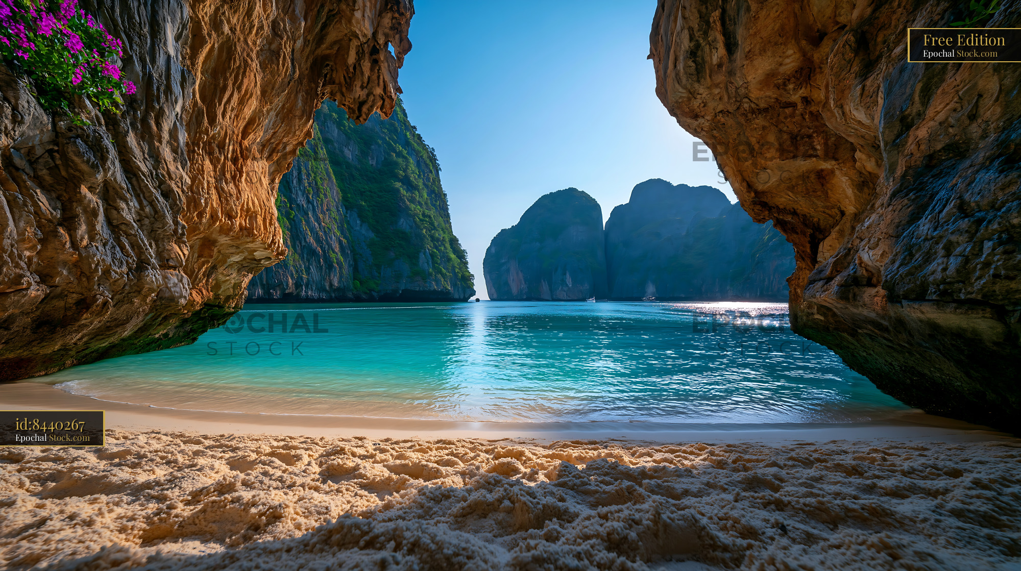 View from a limestone cave onto a secret white sand lagoon in Phi Phi - stock photo