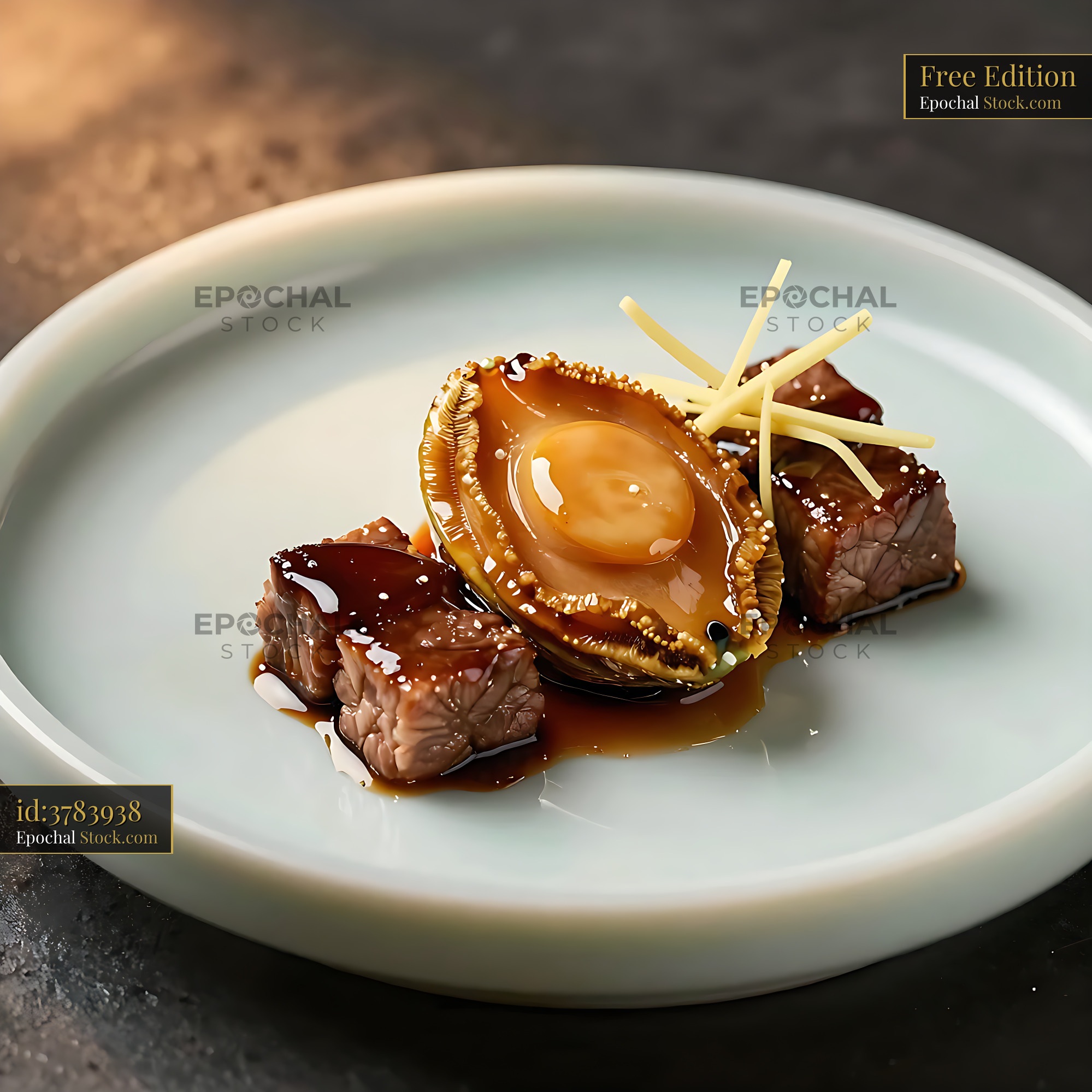 Imperial beef and abalone stew with braised wagyu and ginger garnish - stock photo