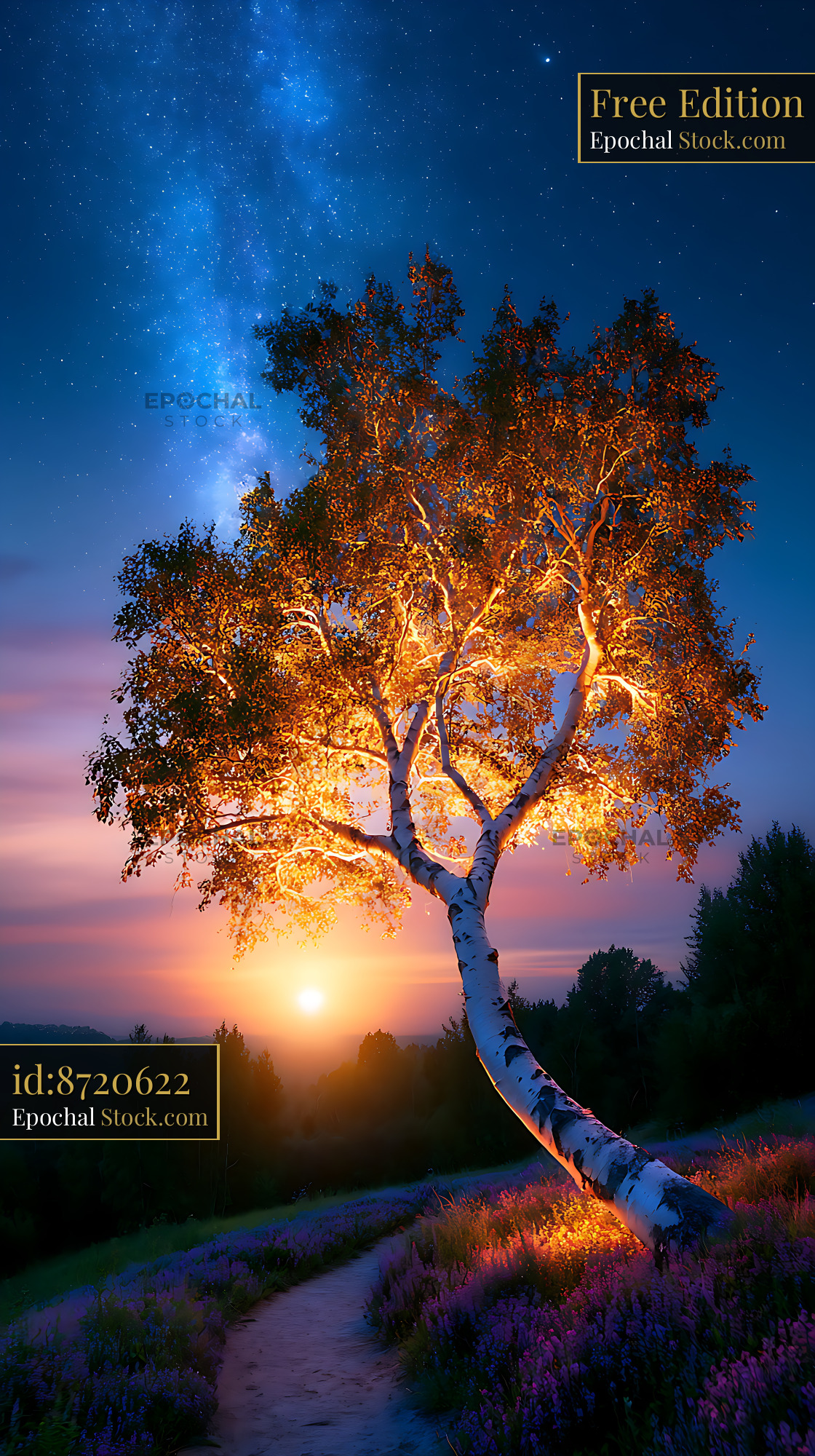 Solo birch tree leaning under the milky way during sunset - stock photo