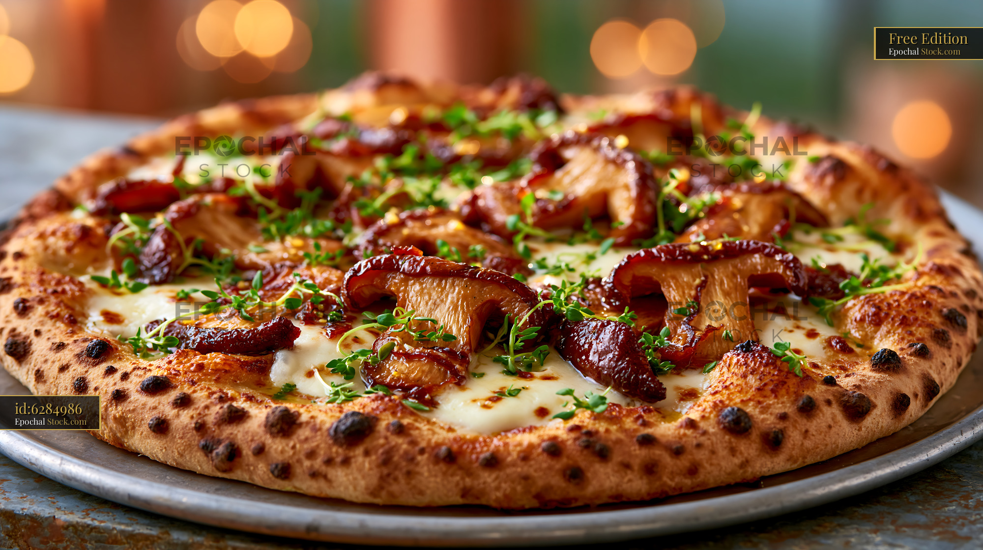 Neapolitan pizza topped with porcini mushrooms and fresh herbs - stock photo