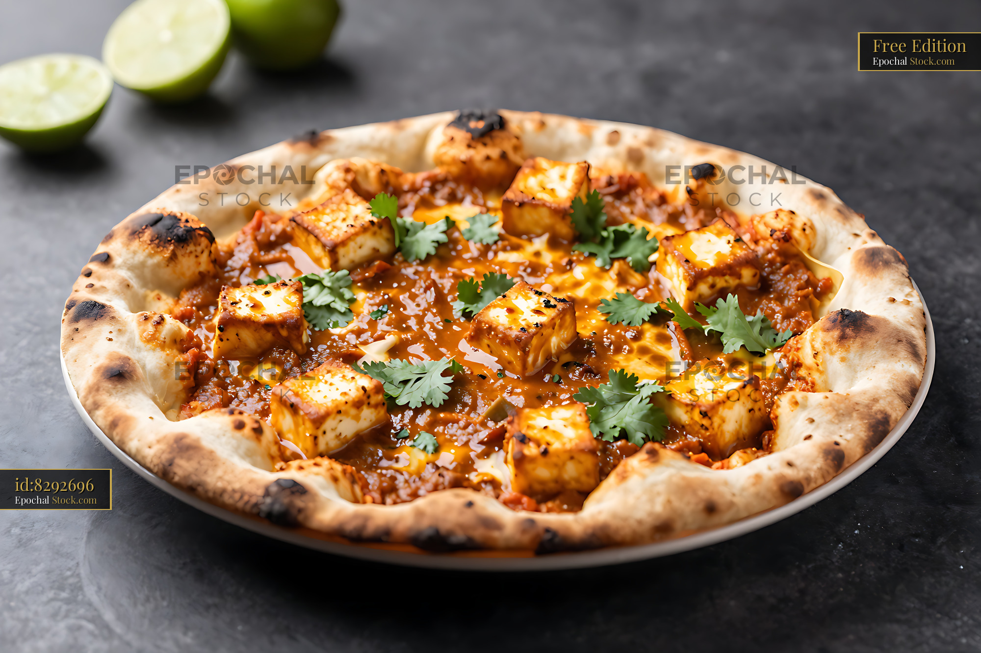 Indian tandoor naan pizza topped with grilled paneer and cilantro - stock photo