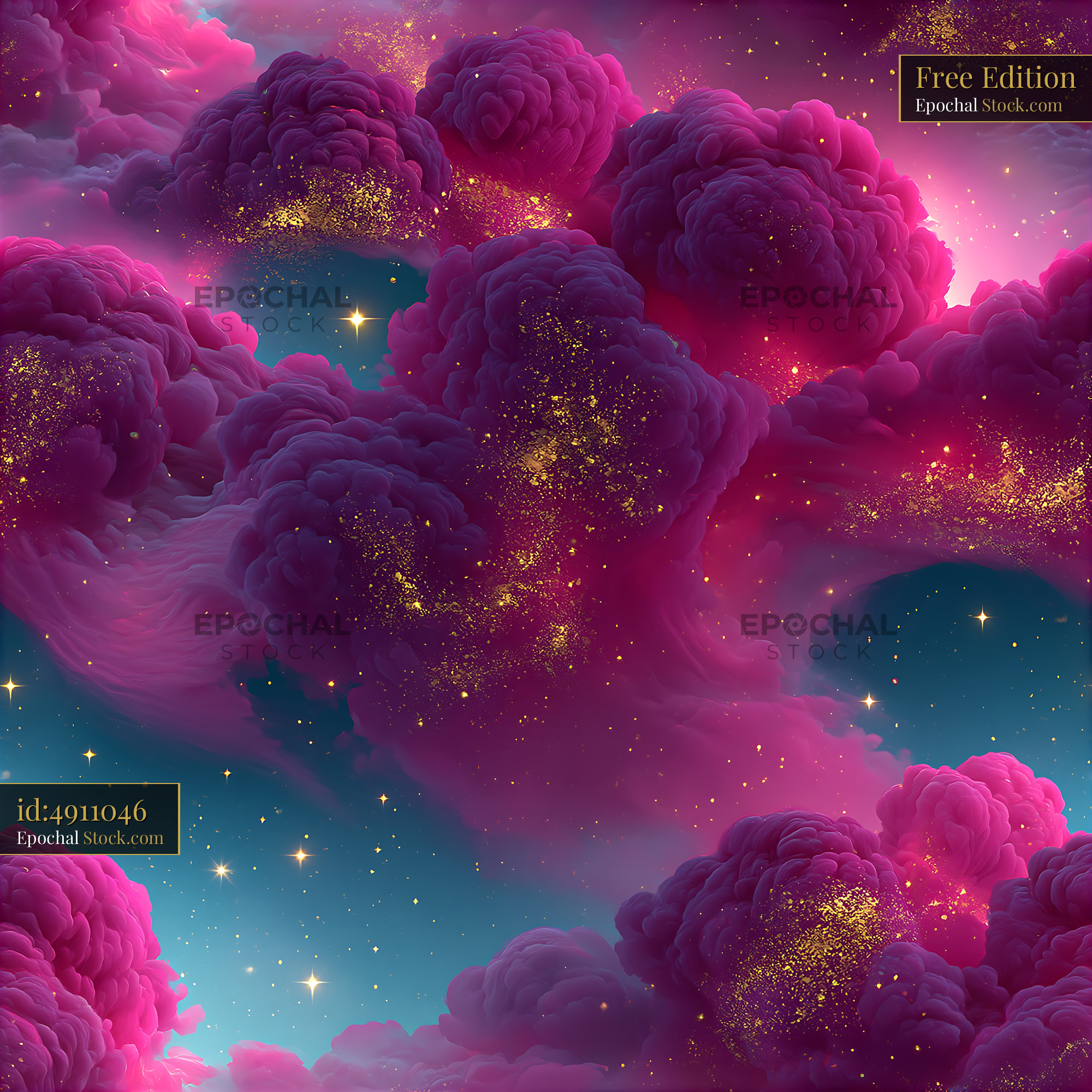 Dreamy Pink Purple Clouds Gold Starry Sky - stock photo