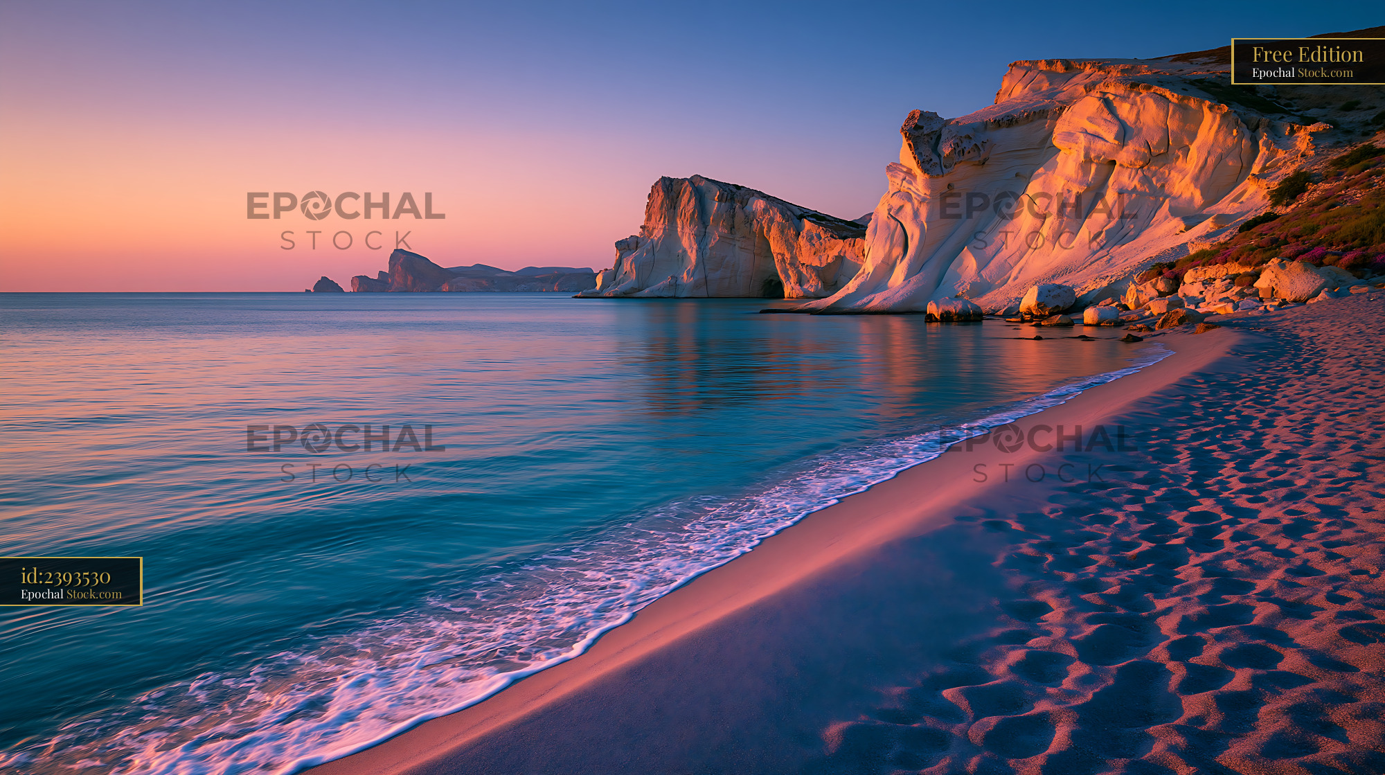 White volcanic cliffs and sandy beach at sunset in southern Europe - stock photo