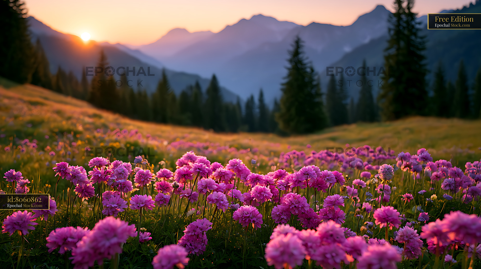 Wild pink flowers blooming on a salzburger alm hayfield at sunset - stock photo