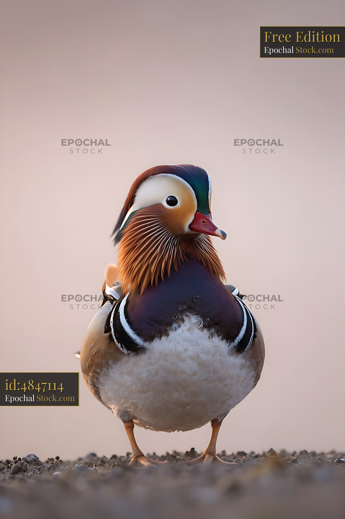 Male mandarin duck with colorful plumage standing on a pebbly shore