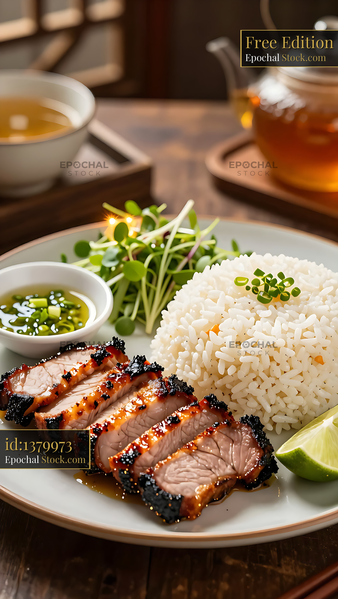 Sliced Isan Moo Yang grilled pork served with sticky rice and herbs - stock photo