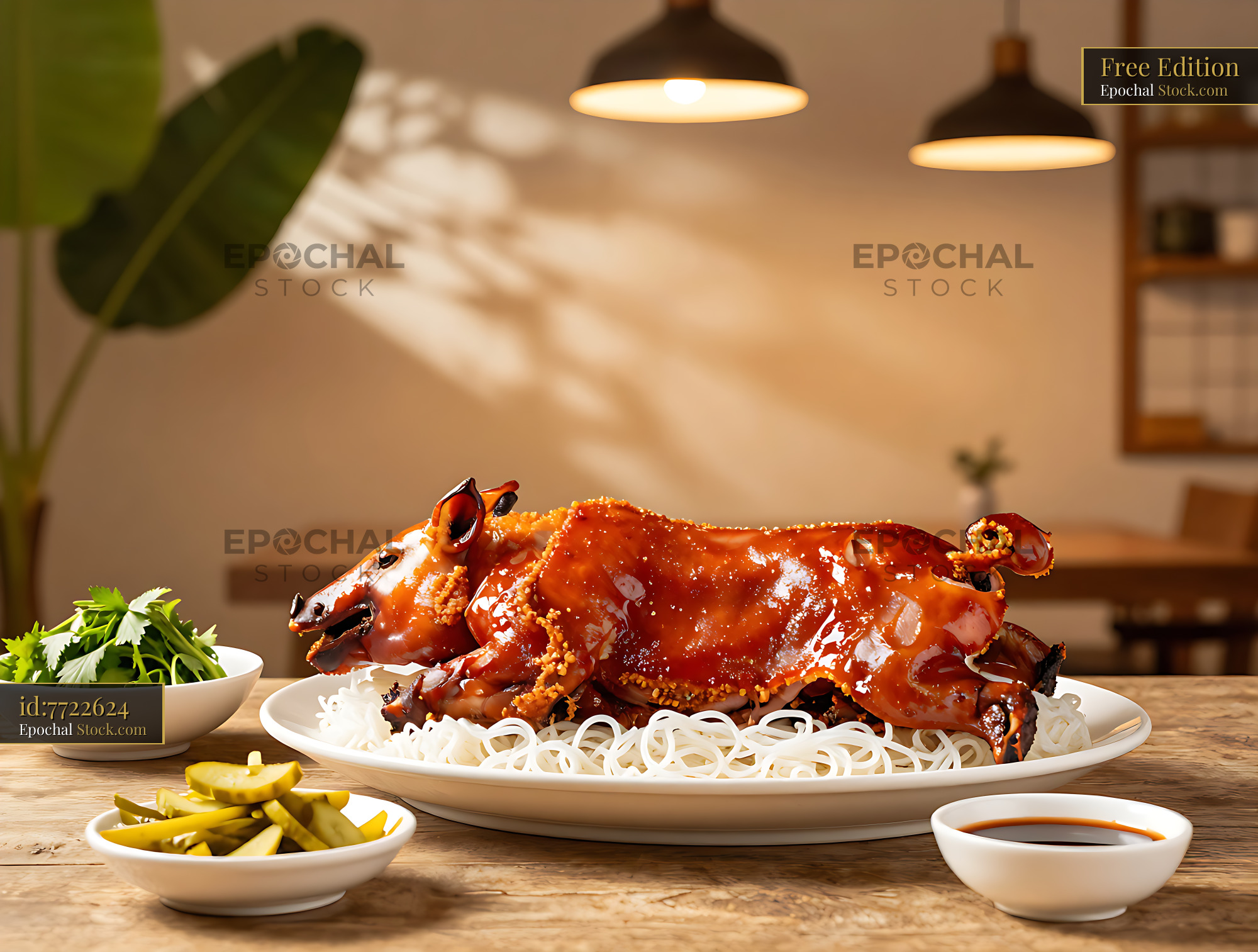 Vietnamese roasted suckling pig served with banh hoi rice noodles - stock photo
