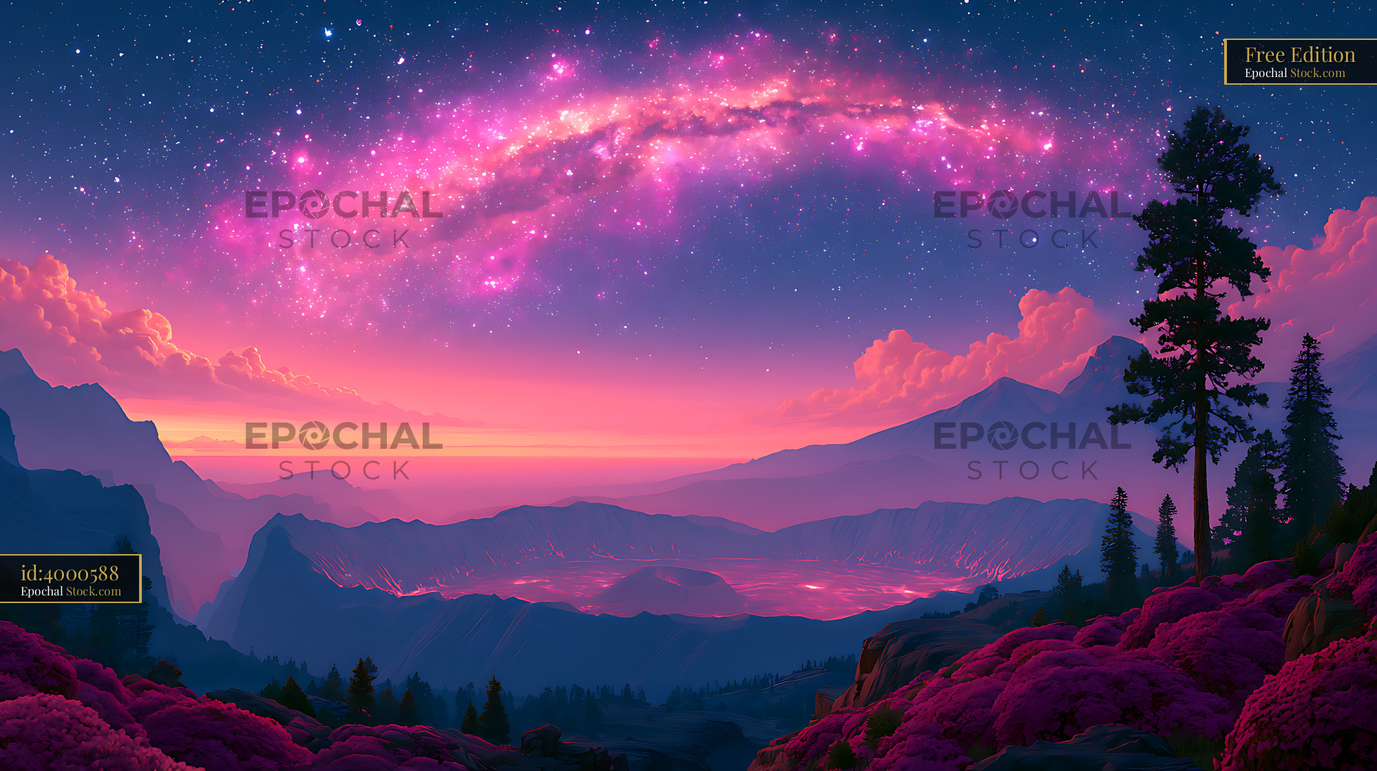 Vibrant galactic core over a volcanic crater at dawn - stock photo