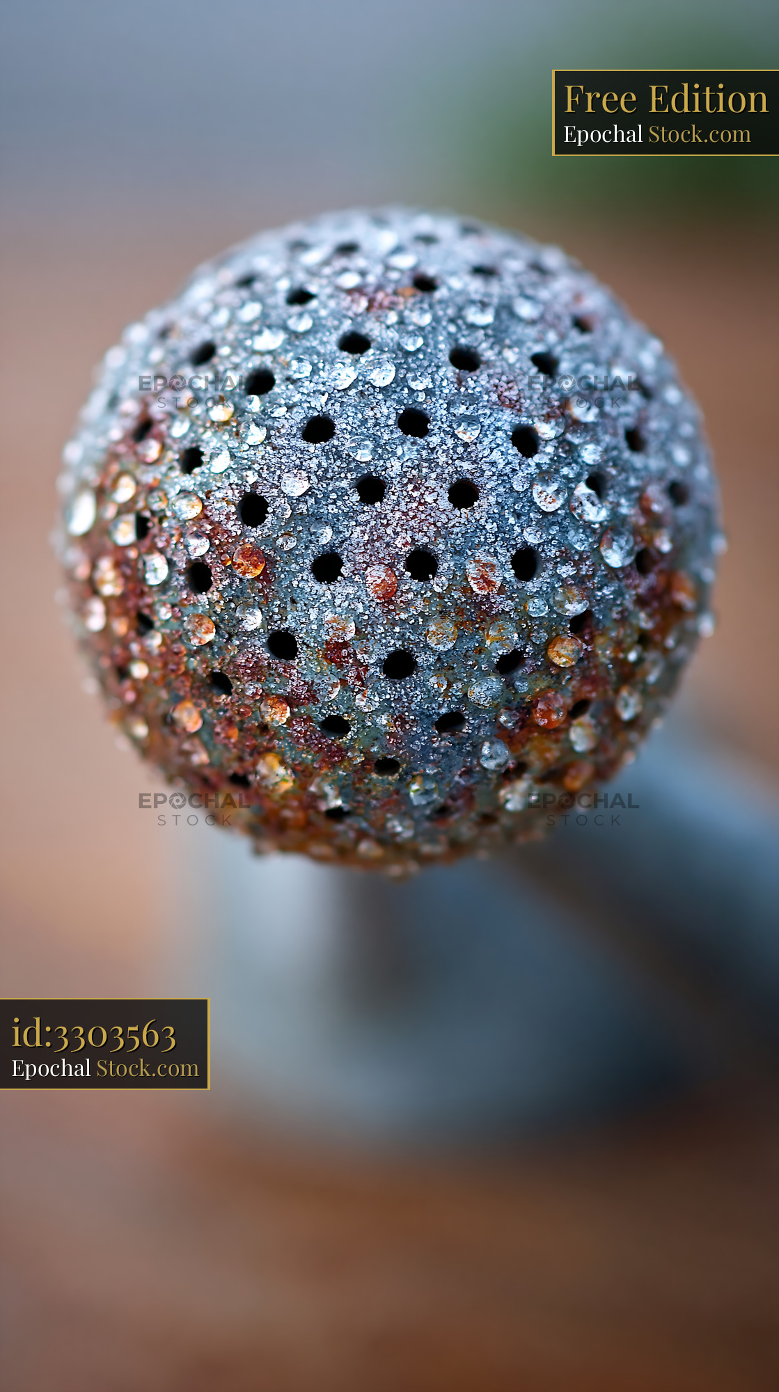 Rusty metal watering can rose covered in morning frost and droplets - stock photo