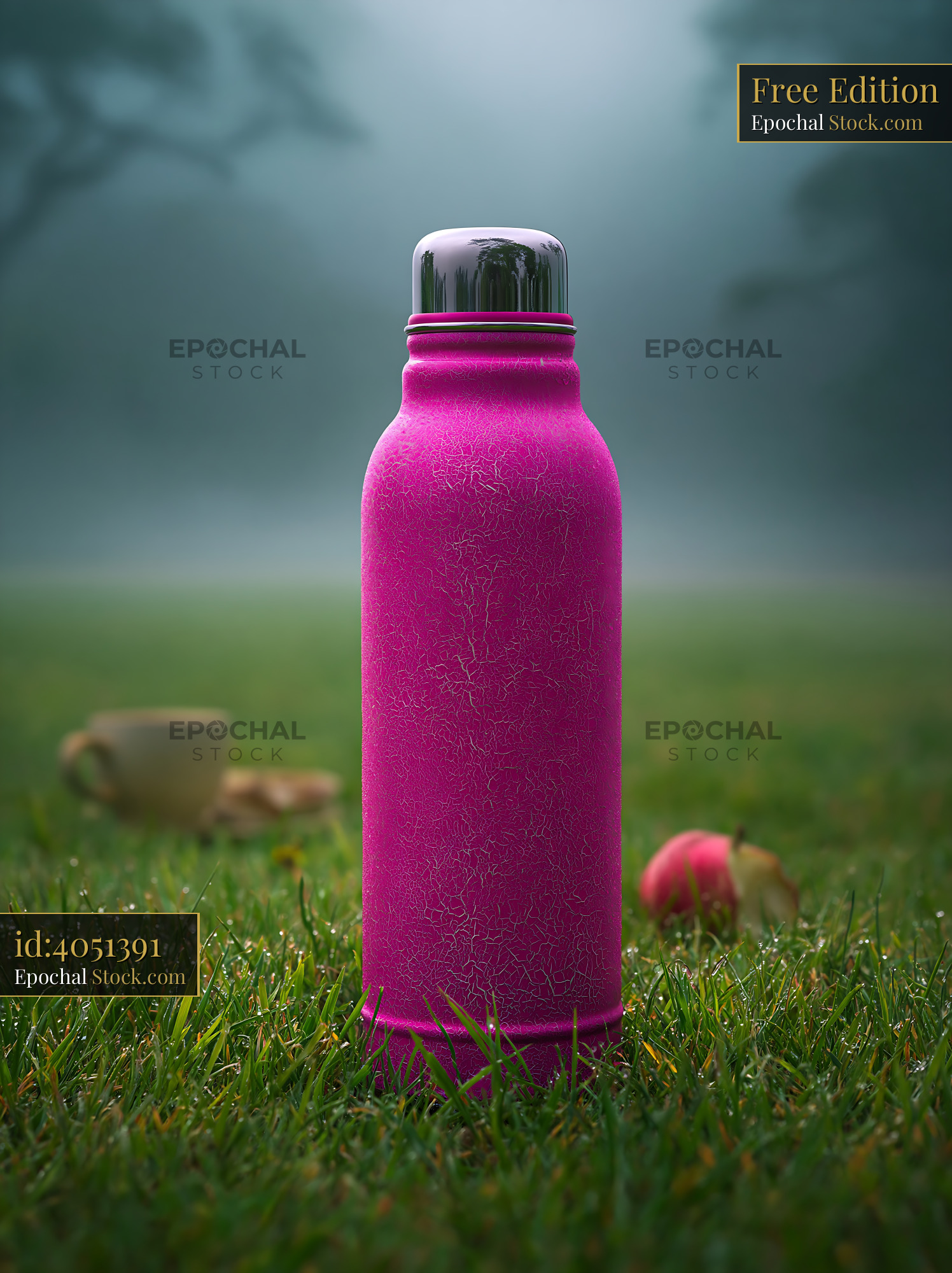 Vibrant pink thermos bottle on dew covered grass in a misty park - stock photo