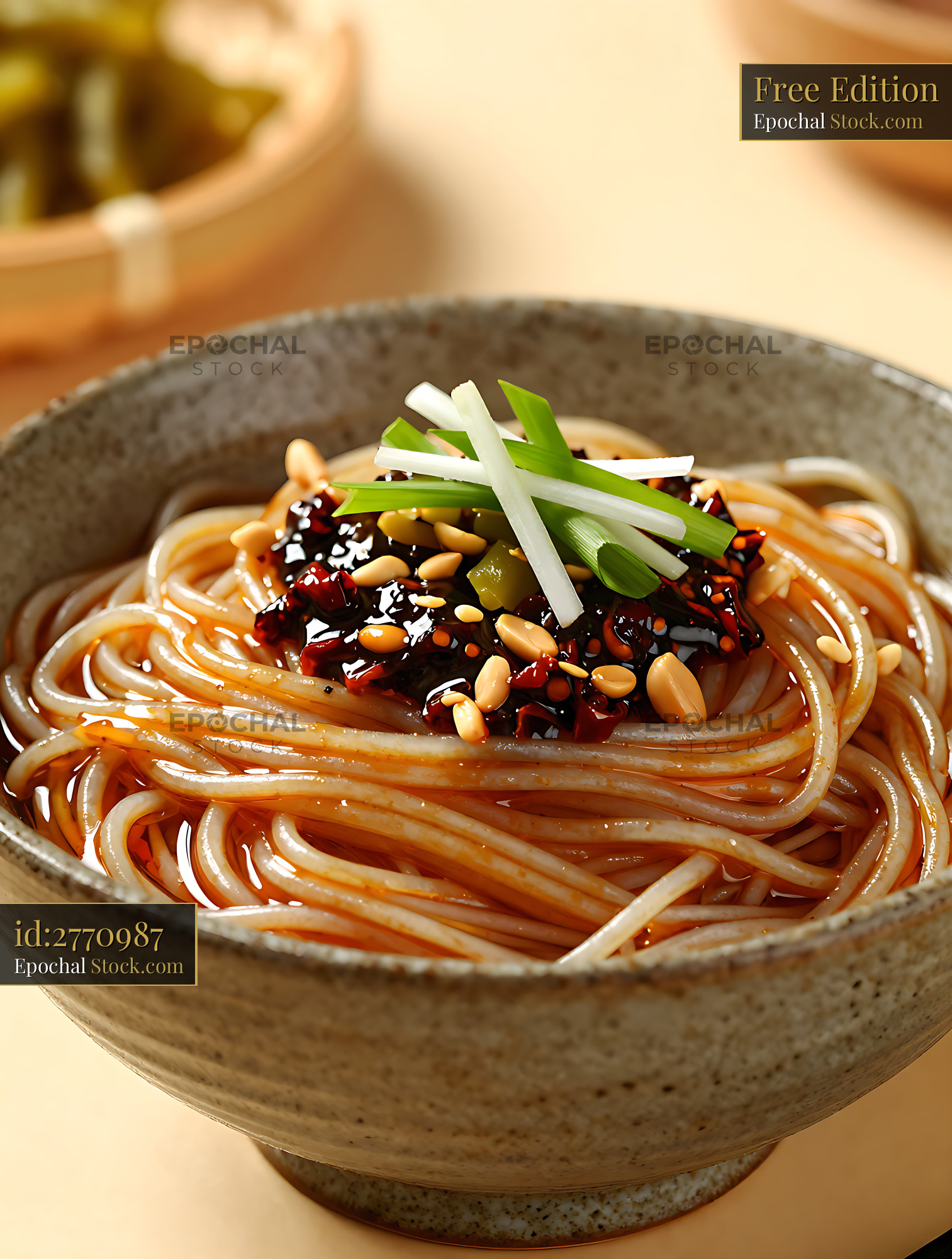 Traditional Yi Bin Ranmian spicy noodles with peanuts and scallions - stock photo