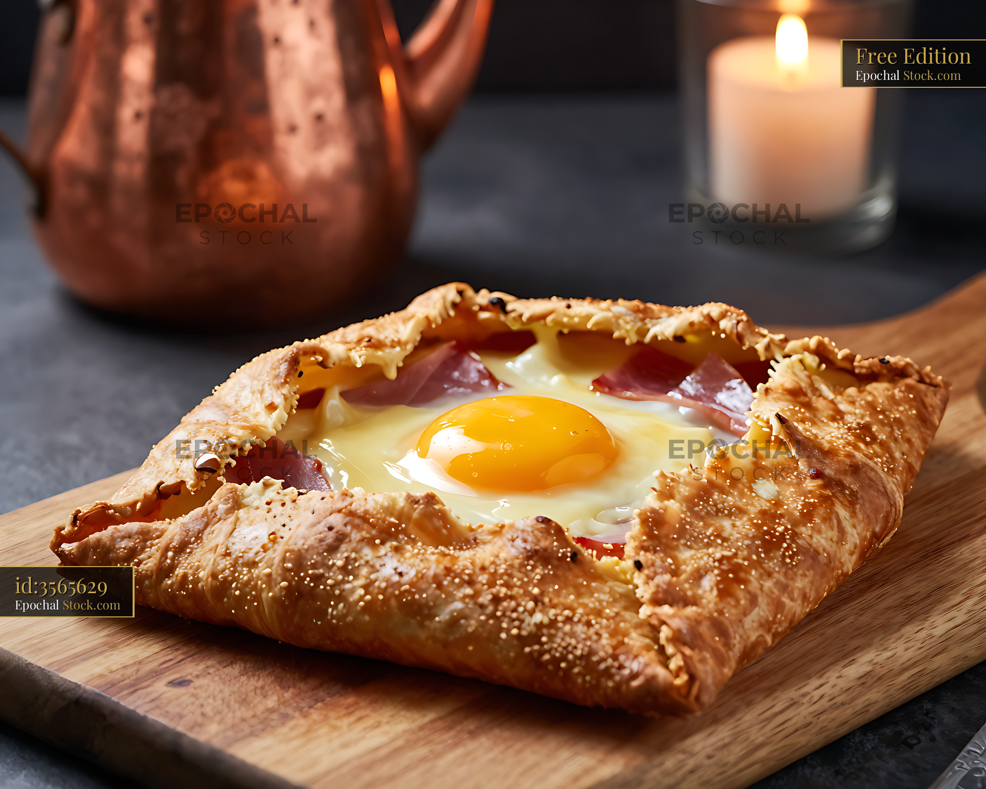 Savory galette complete bretonne with fried egg and ham on wooden boar - stock photo