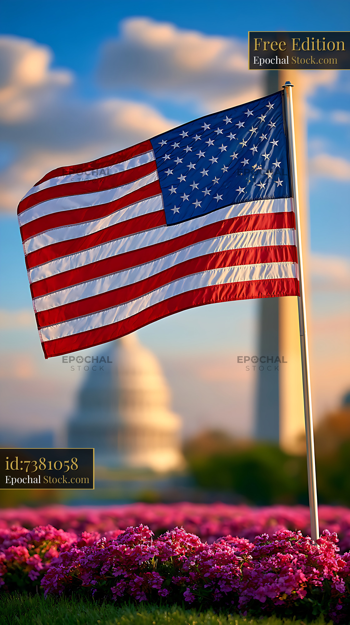 American flag waving before Washington Monument and US Capitol - stock photo