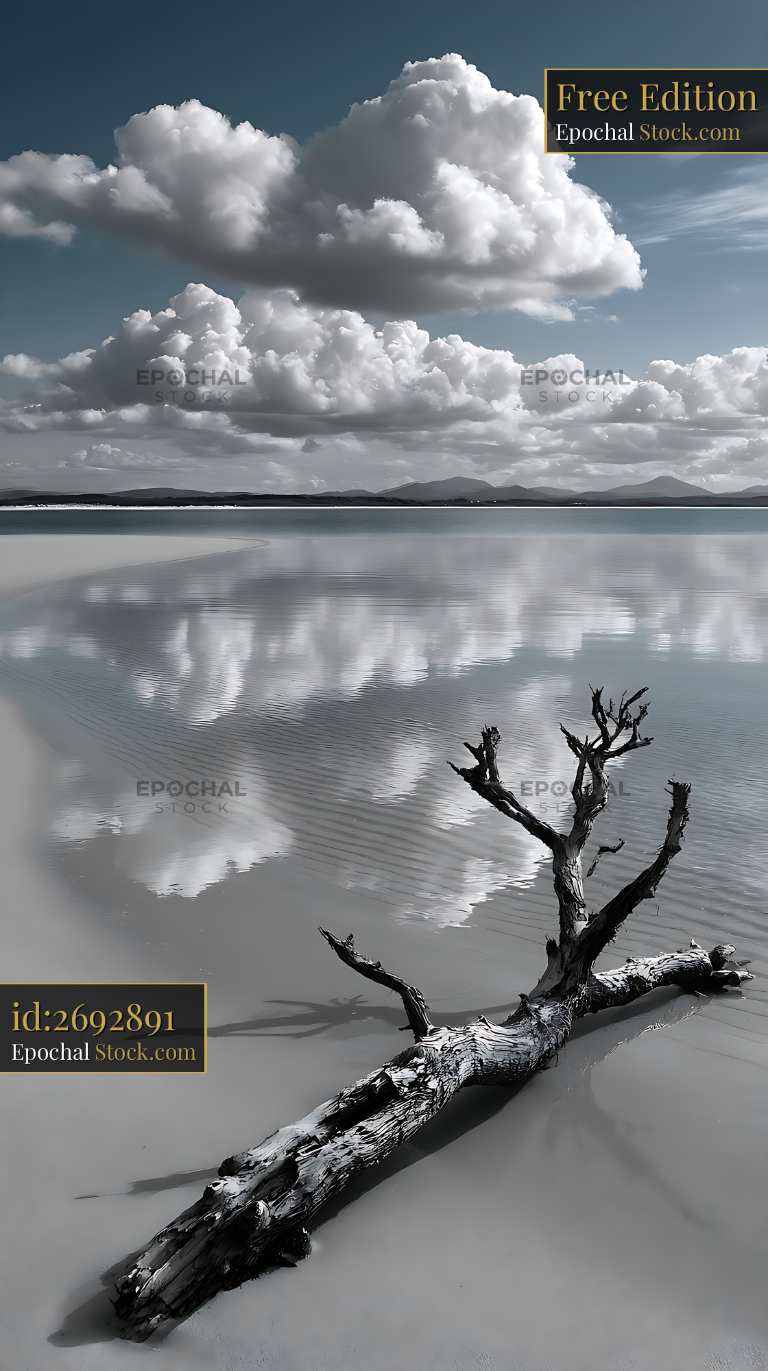 Weathered driftwood on Maundays Bay beach with cloud reflections - stock photo