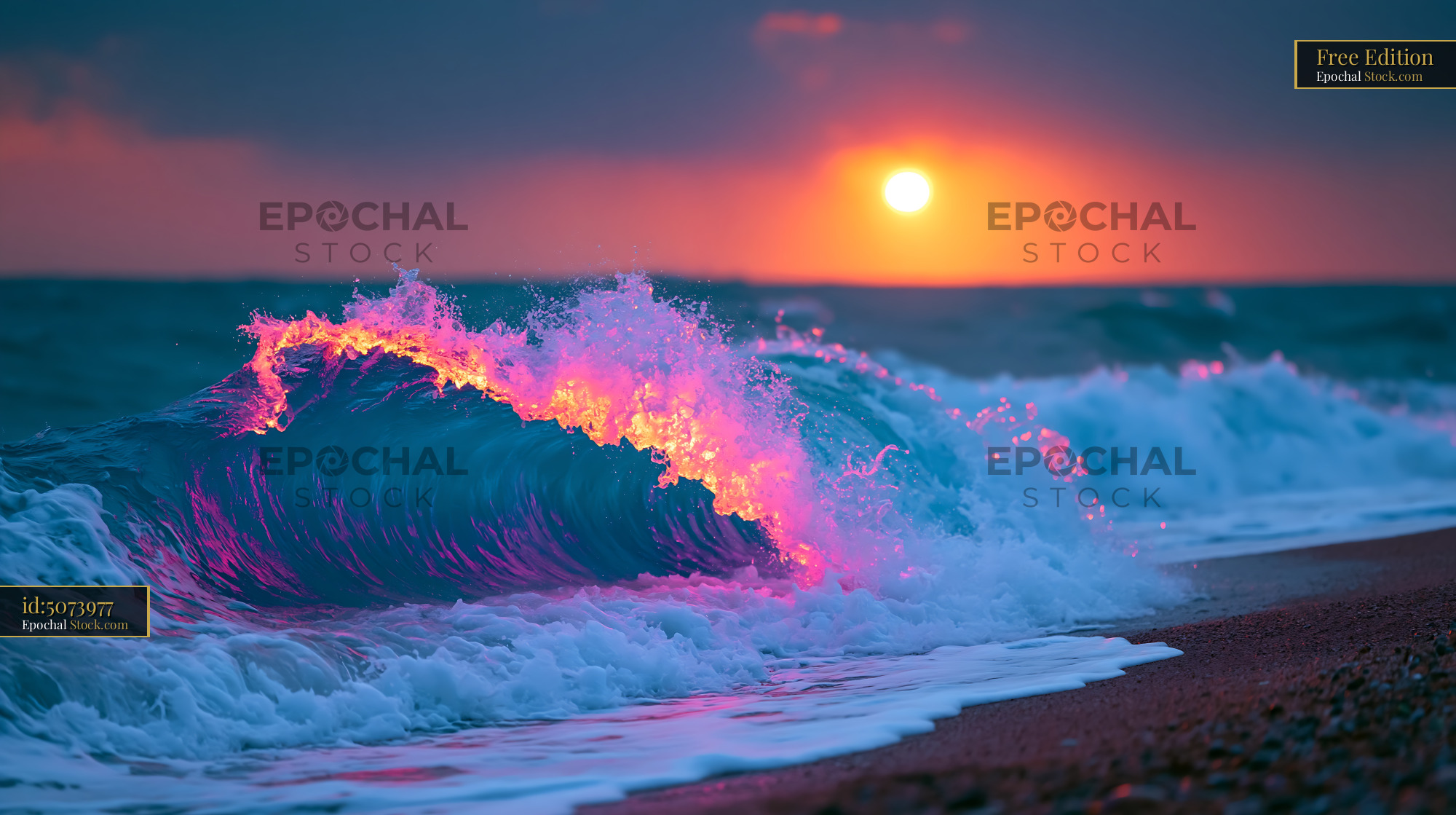 Vibrant coral pinnacle wave crashing on a sandy shore at sunset - stock photo