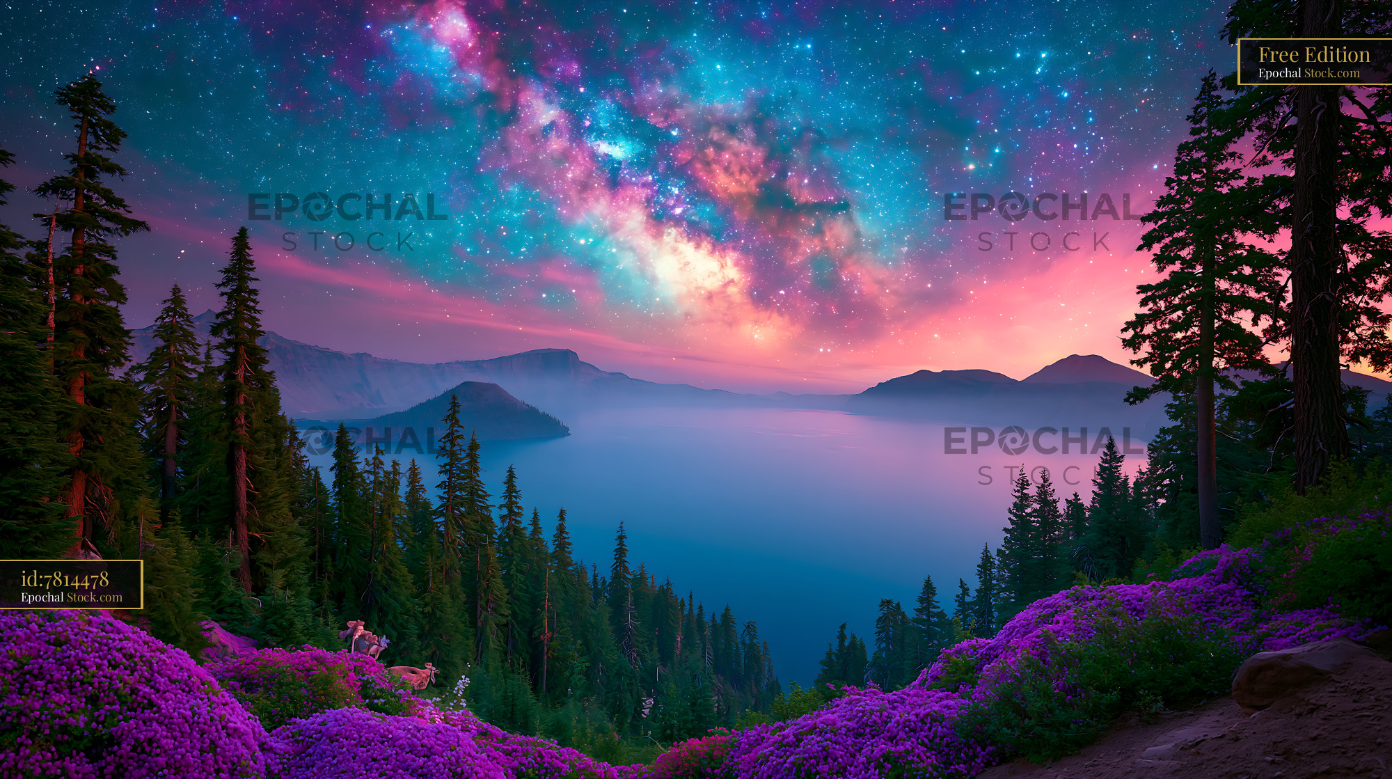Vibrant aurora borealis and milky way over a mountain lake in Norway - stock photo