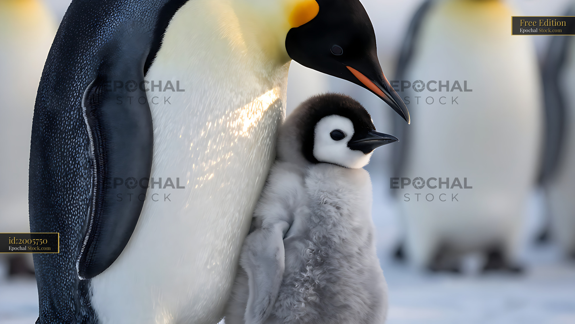 Emperor penguin parent sheltering fluffy chick in the snow - stock photo