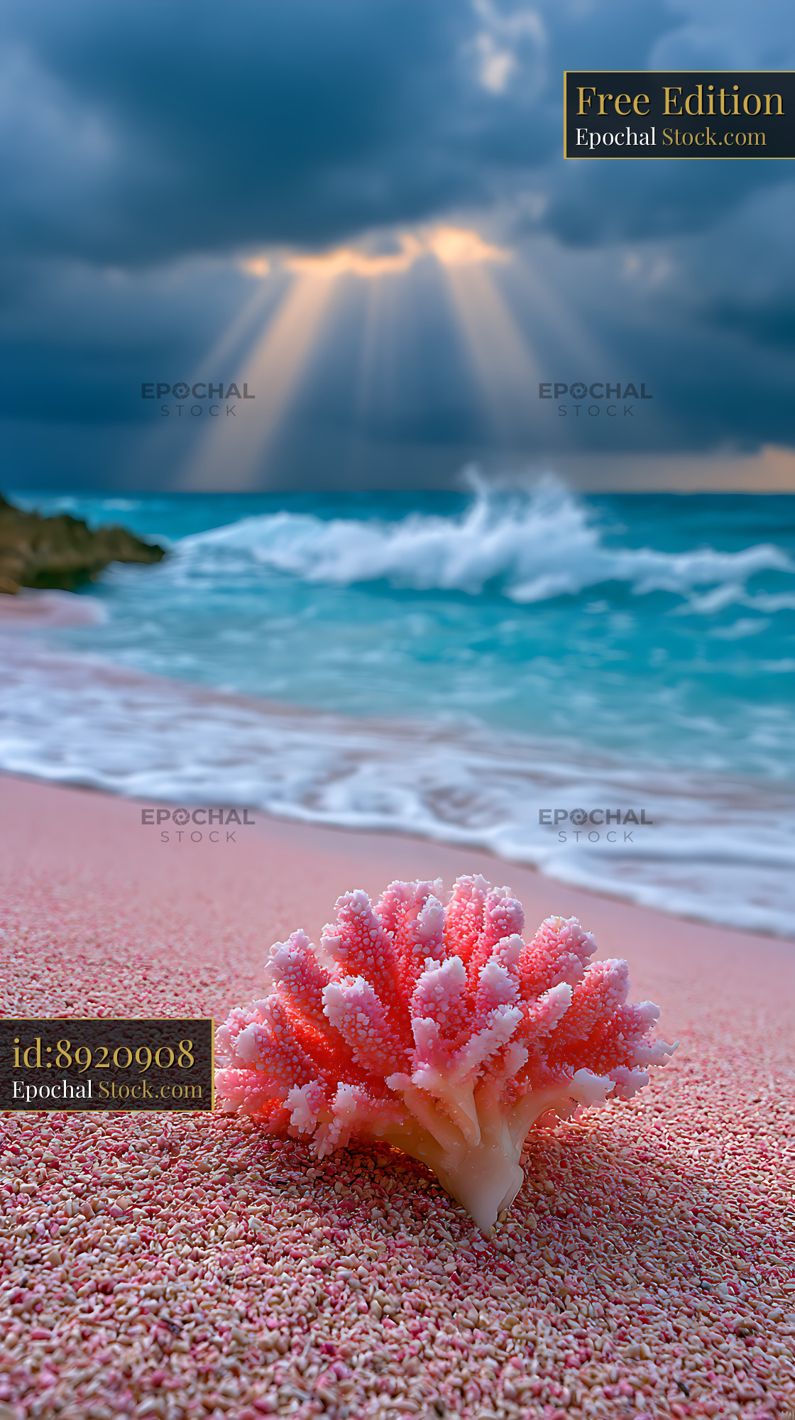 Pink coral on a tropical beach under dramatic sun rays