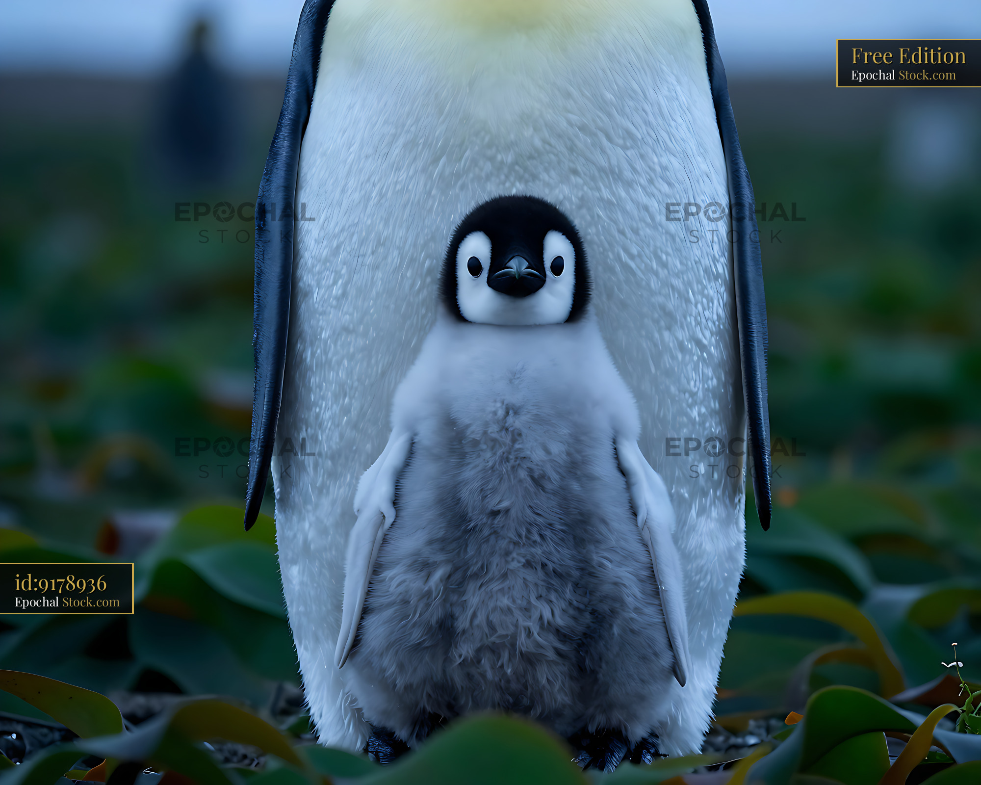 Emperor penguin chick standing in front of its parent in nature - stock photo
