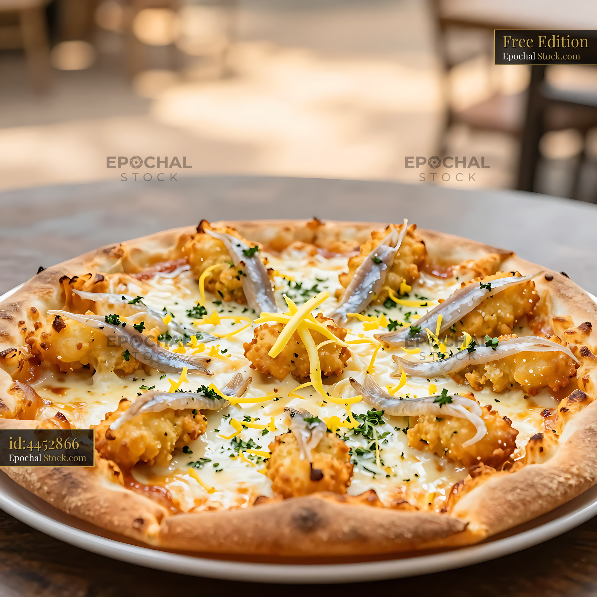 New Zealand whitebait pizza with crispy fritters and fresh lemon zest - stock photo