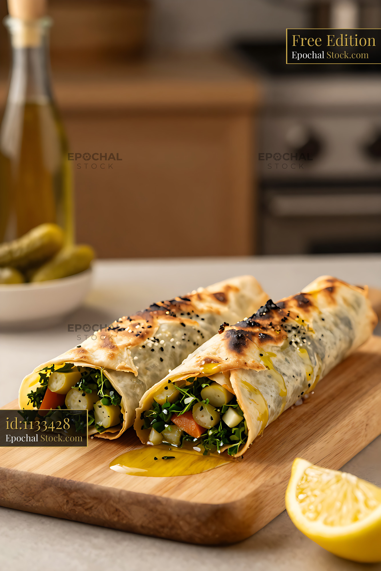 Lebanese shawarma saj rolls with fresh vegetables on a wooden board - stock photo