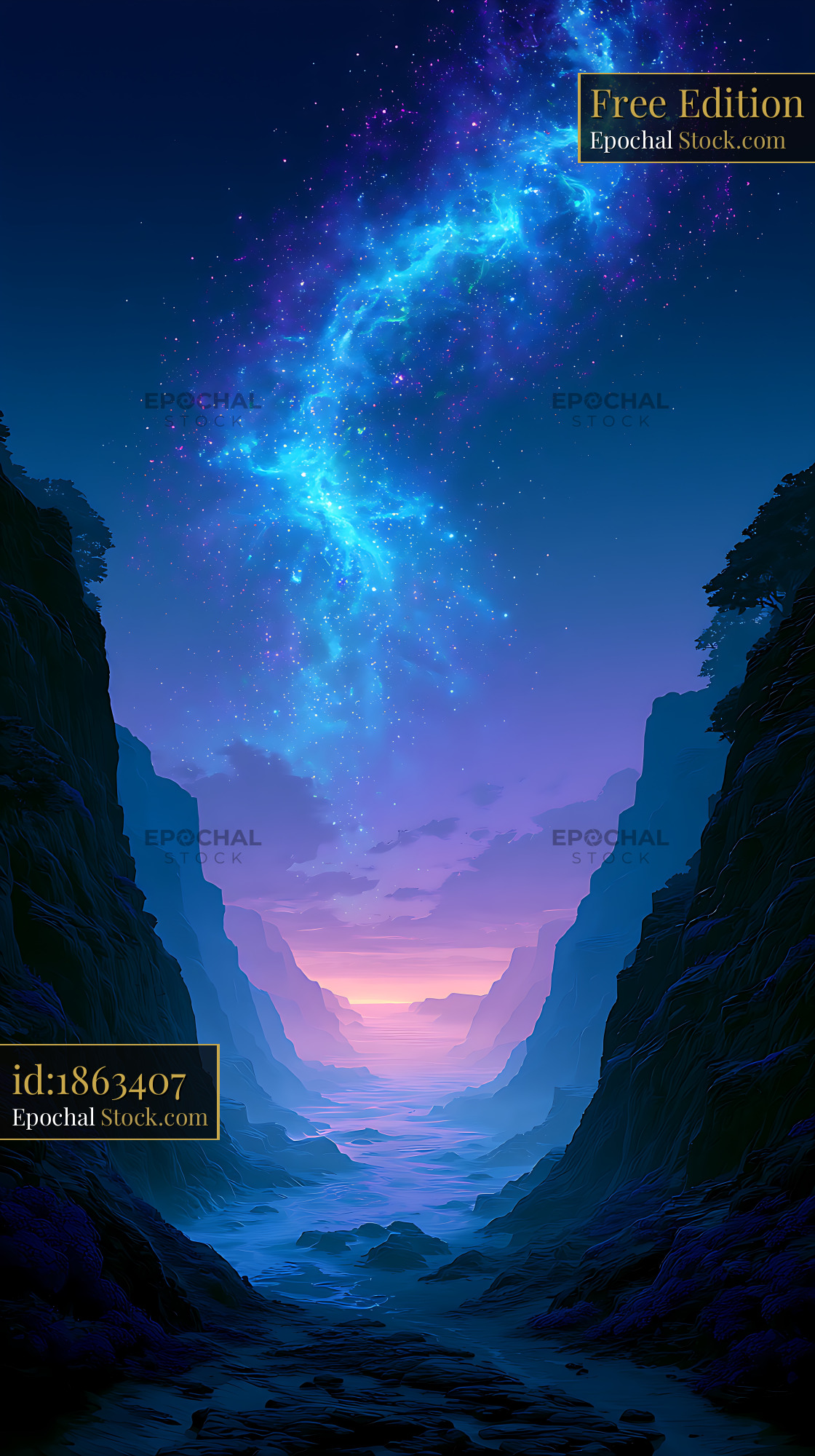 Galactic core over a narrow ravine at twilight in a dreamlike canyon - stock photo