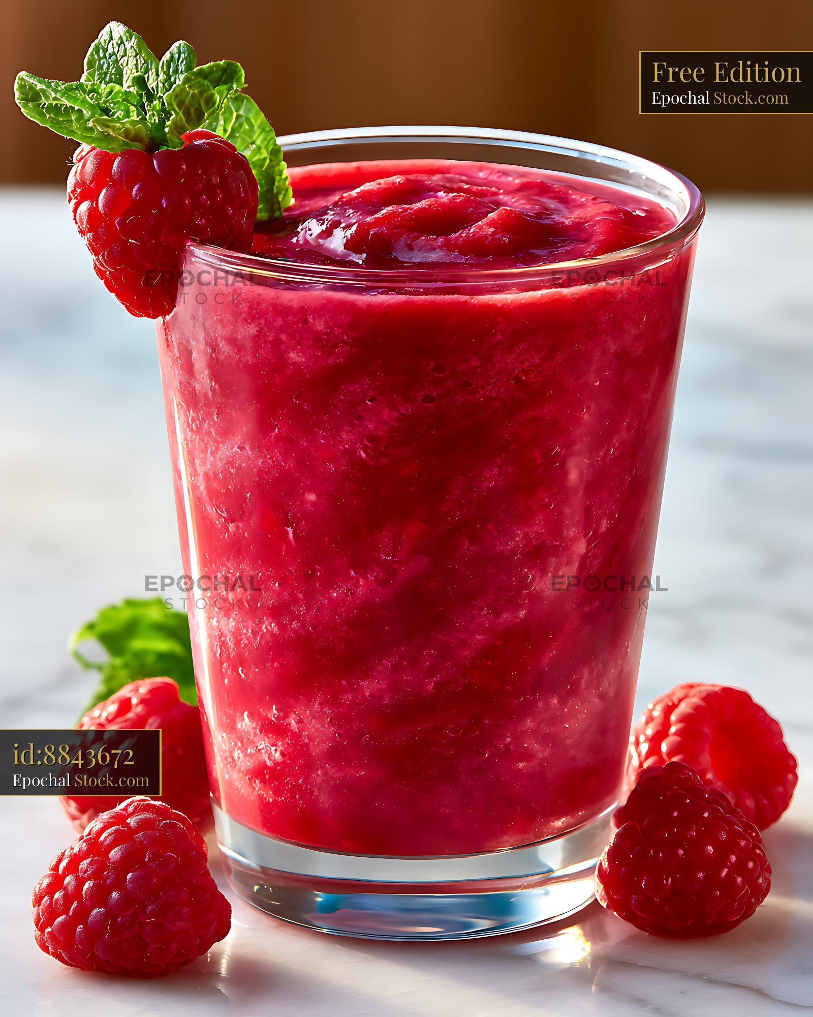 Loganberry smoothie in a glass garnished with fresh mint and berries - stock photo