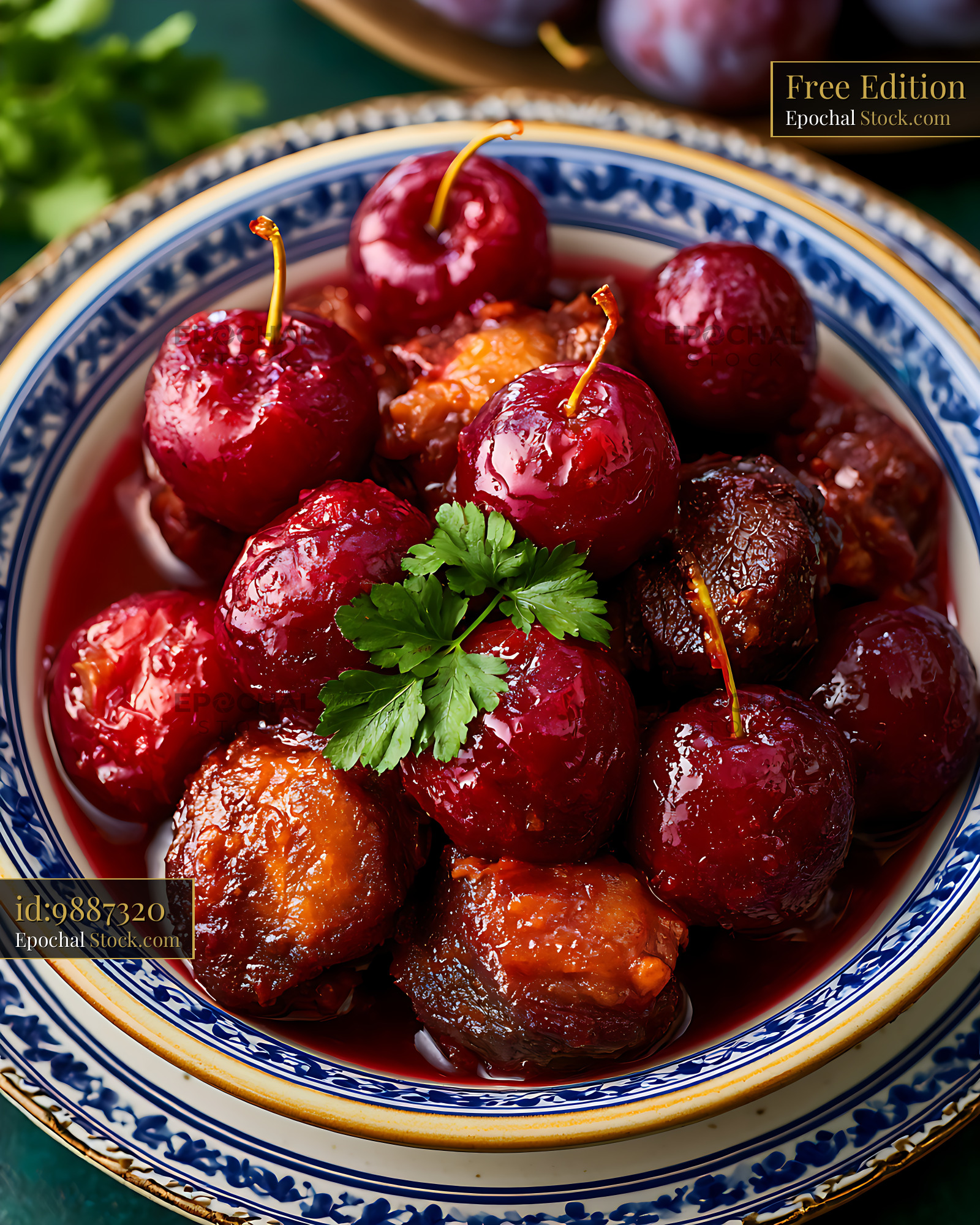 Brasato alle prugne plums served in a traditional ceramic bowl - stock photo