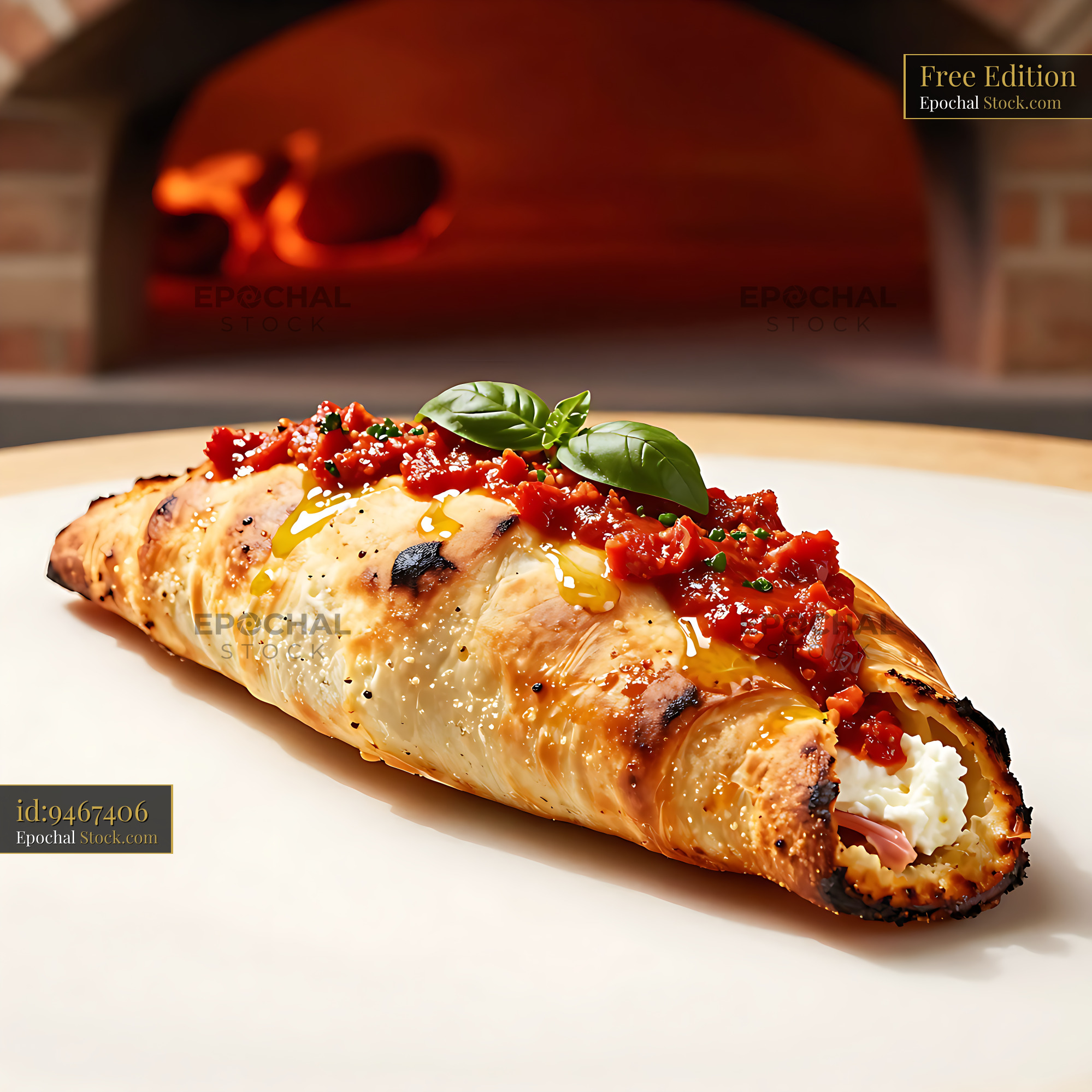 Calzone Napoletano Classico with tomato topping and fresh basil - stock photo
