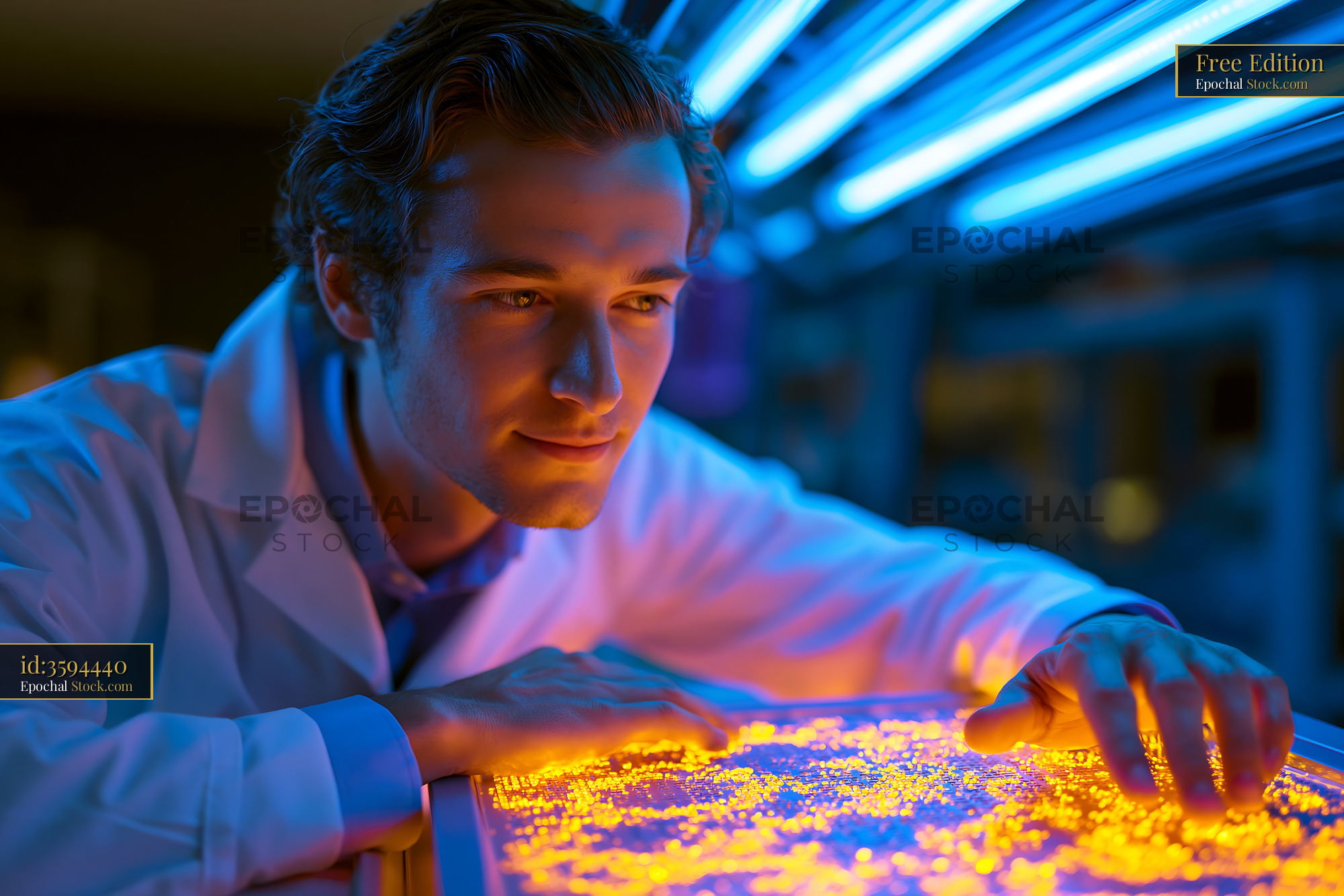 Young male scientist examining copper his tag chelate spa beads - stock photo