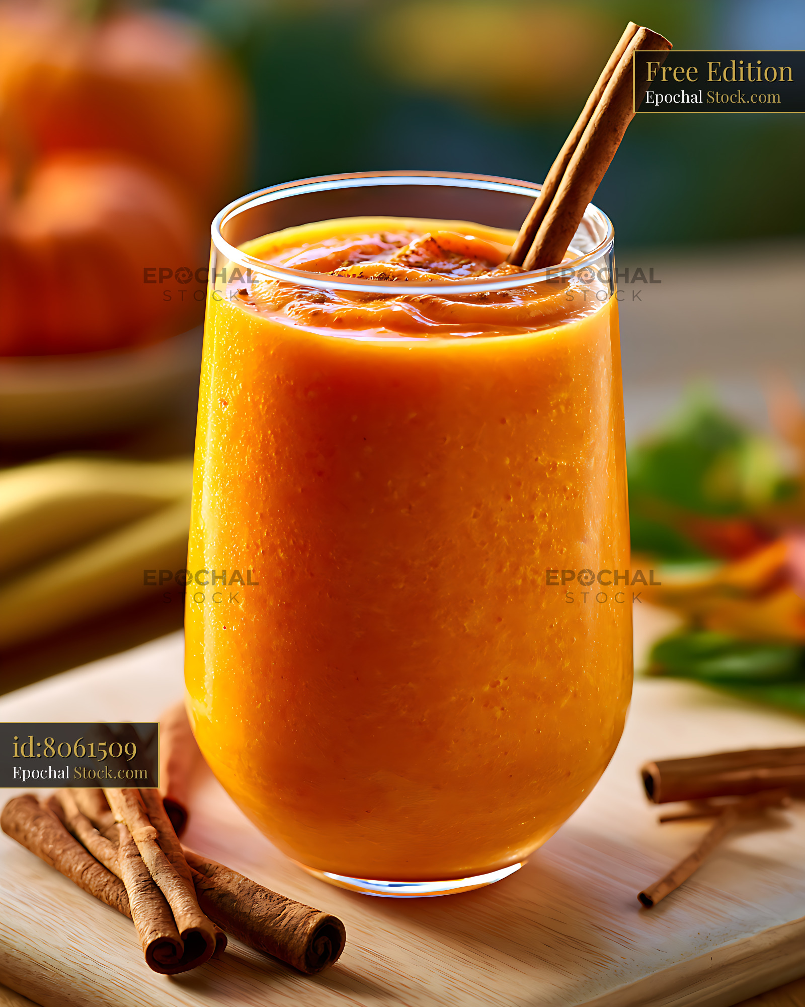 Creamy sweet potato smoothie with cinnamon sticks on a wooden board - stock photo