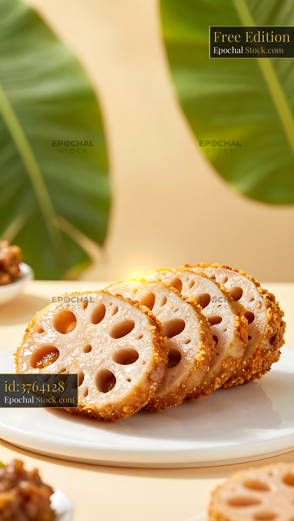 Crispy slices of Kumamoto Karashi Renkon Buta on a white plate - stock photo
