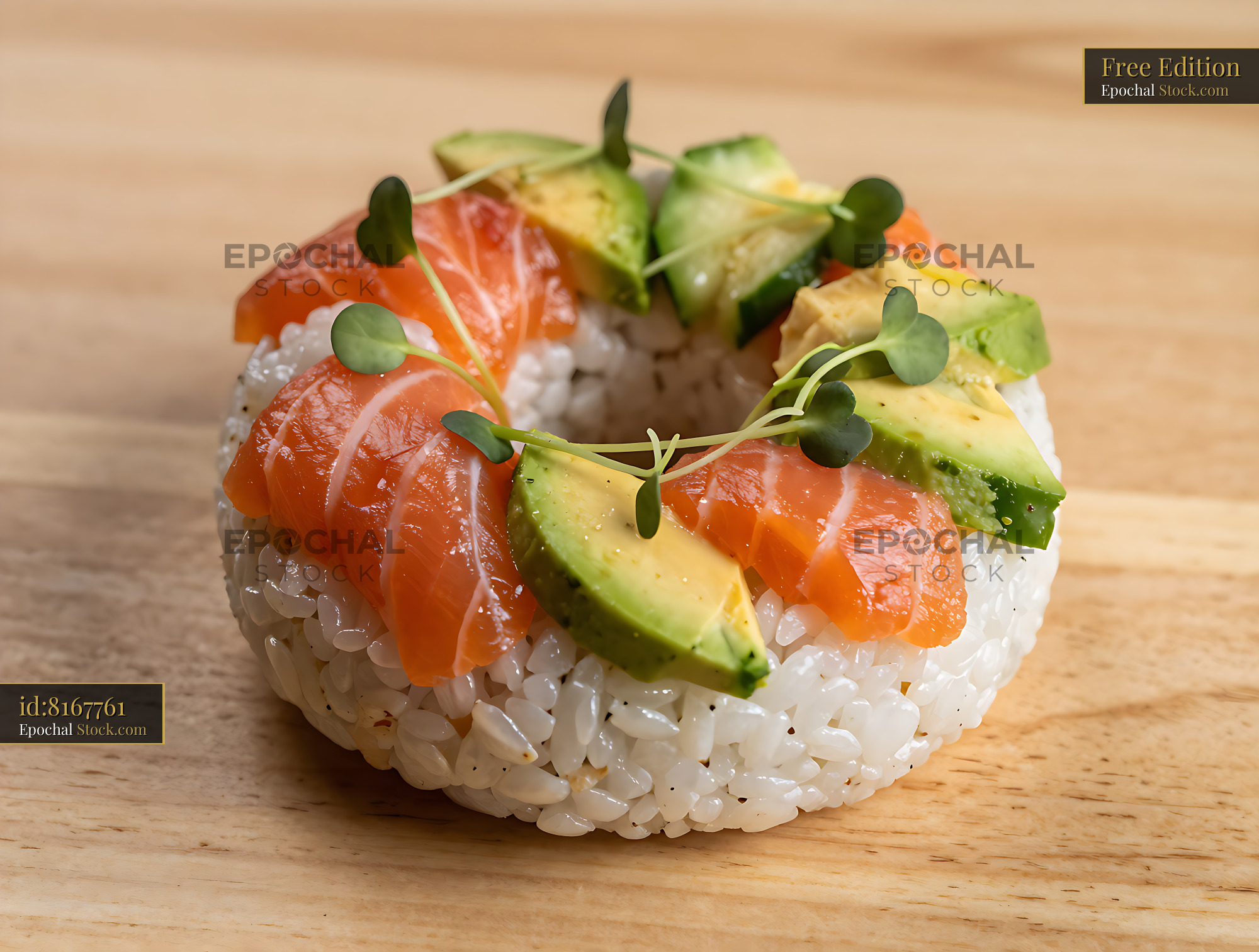 Creative sushi donut with fresh salmon and avocado on wooden surface - stock photo